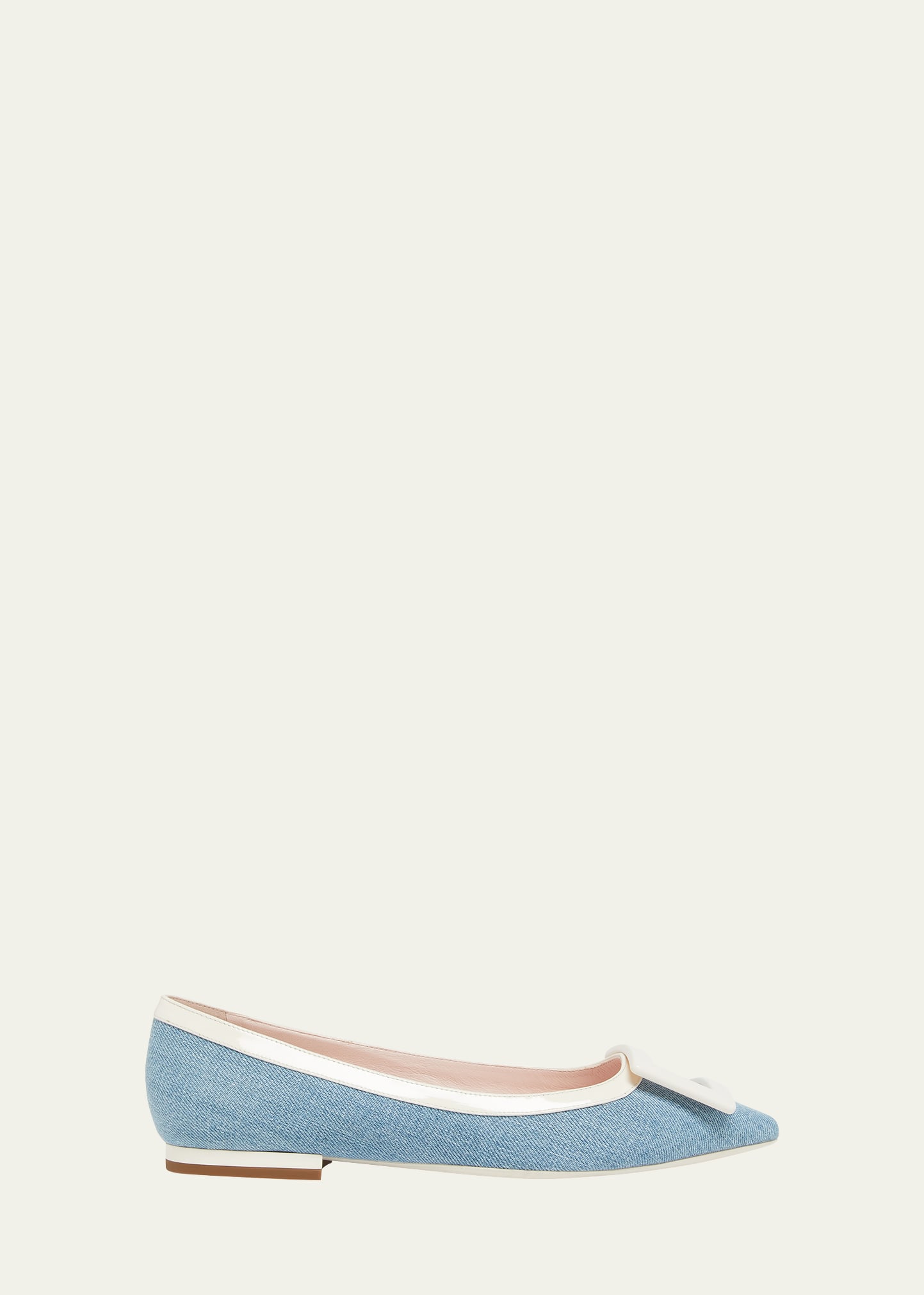 Roger Vivier Gommettine Buckled Denim And Patent-leather Ballet Flats In Jeans Chiaro/whit