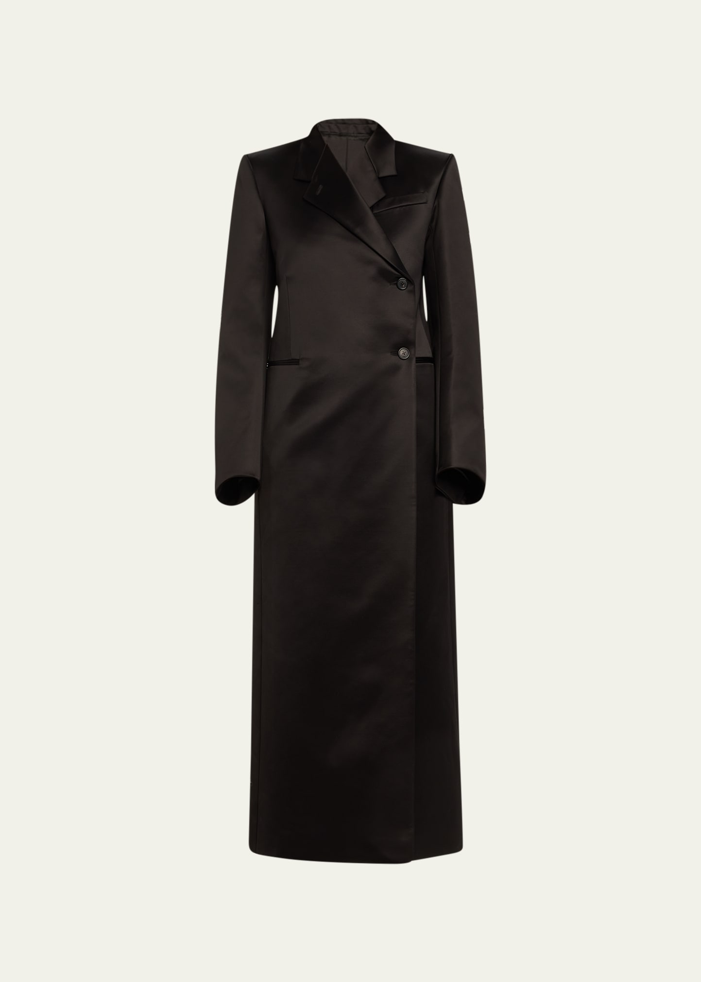 Khaite Kelton Long Double-breasted Satin Coat In Black