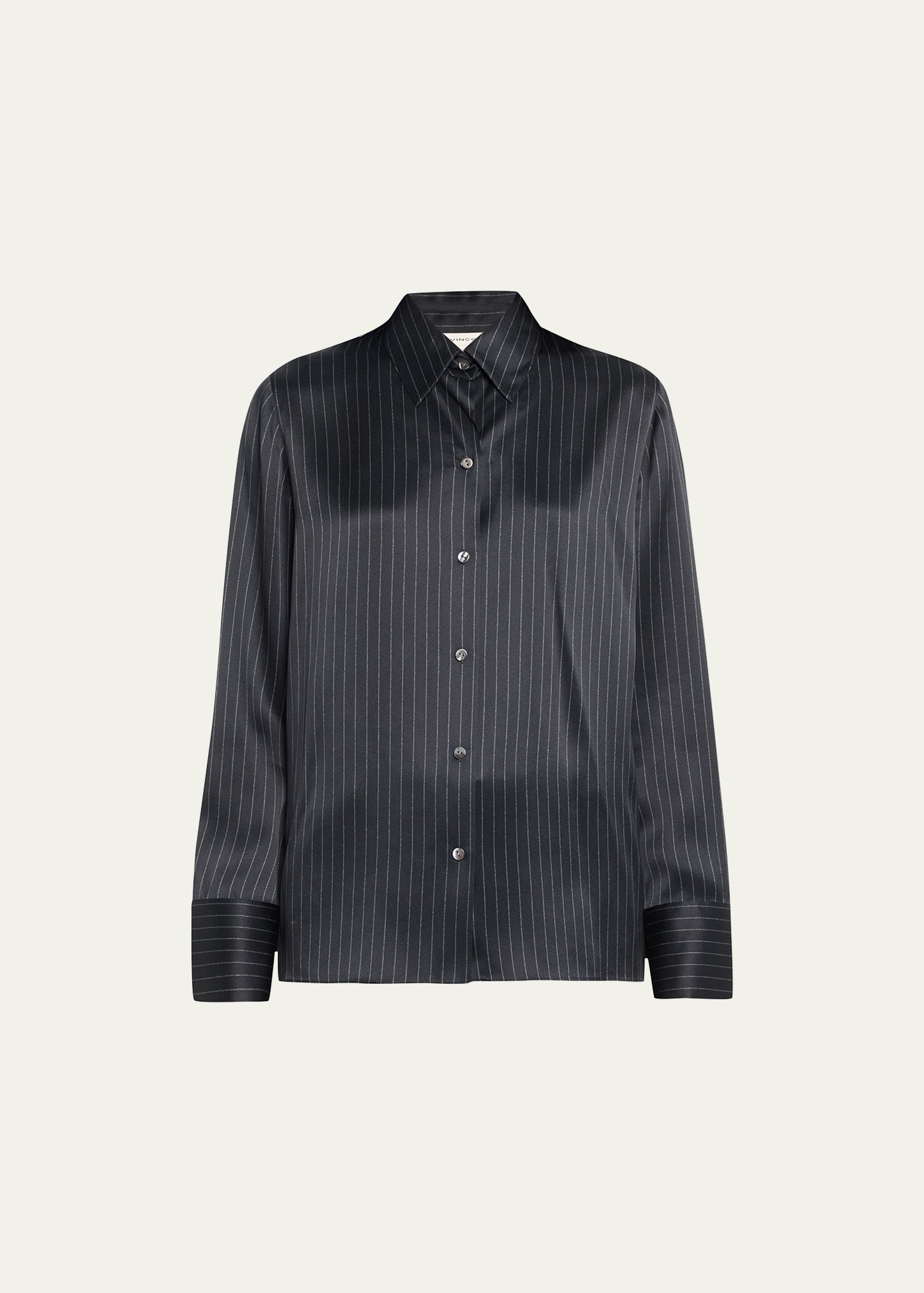 Shop Vince Long-sleeve Silk Pinstripe Shirt In Dk Obsidian