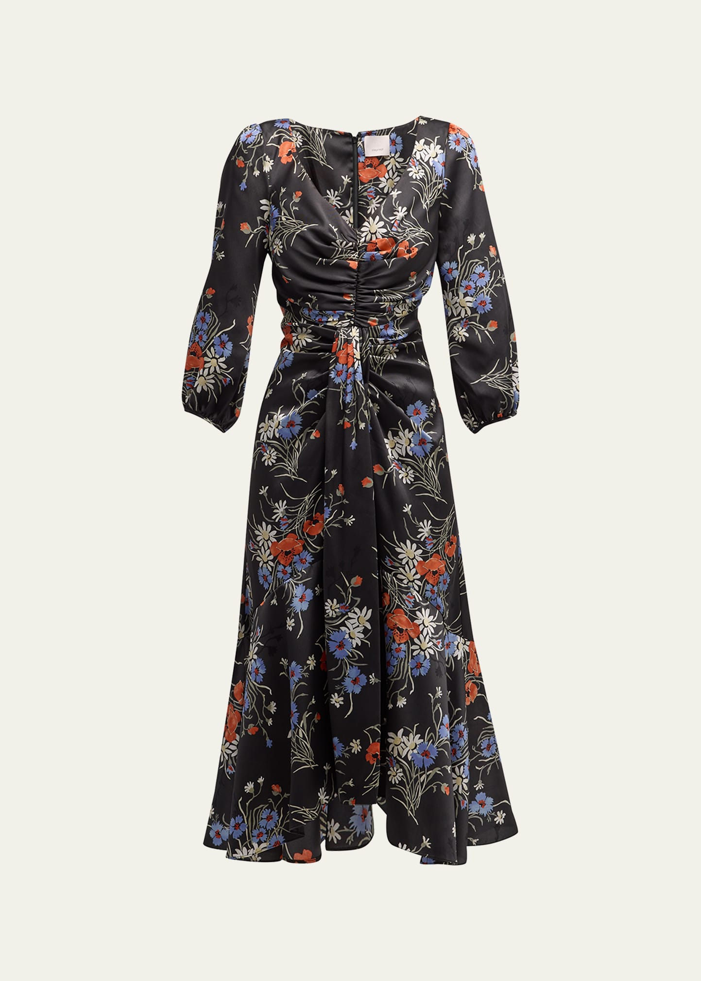 Shop Cinq À Sept Walker Puff-sleeve Floral Midi Dress In Obsidian Multi