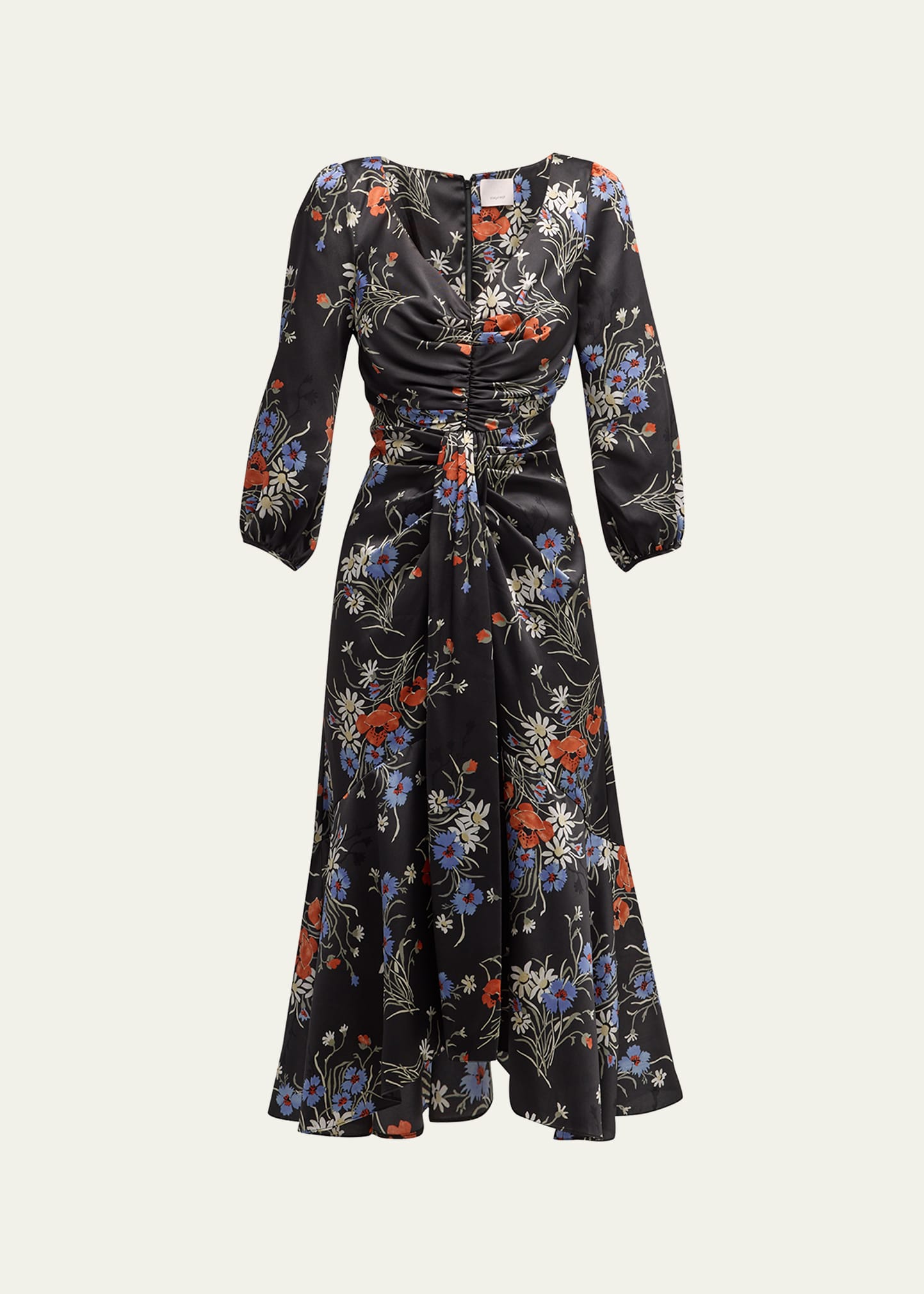 Cinq À Sept Walker Puff-sleeve Floral Midi Dress In Obsidian Multi