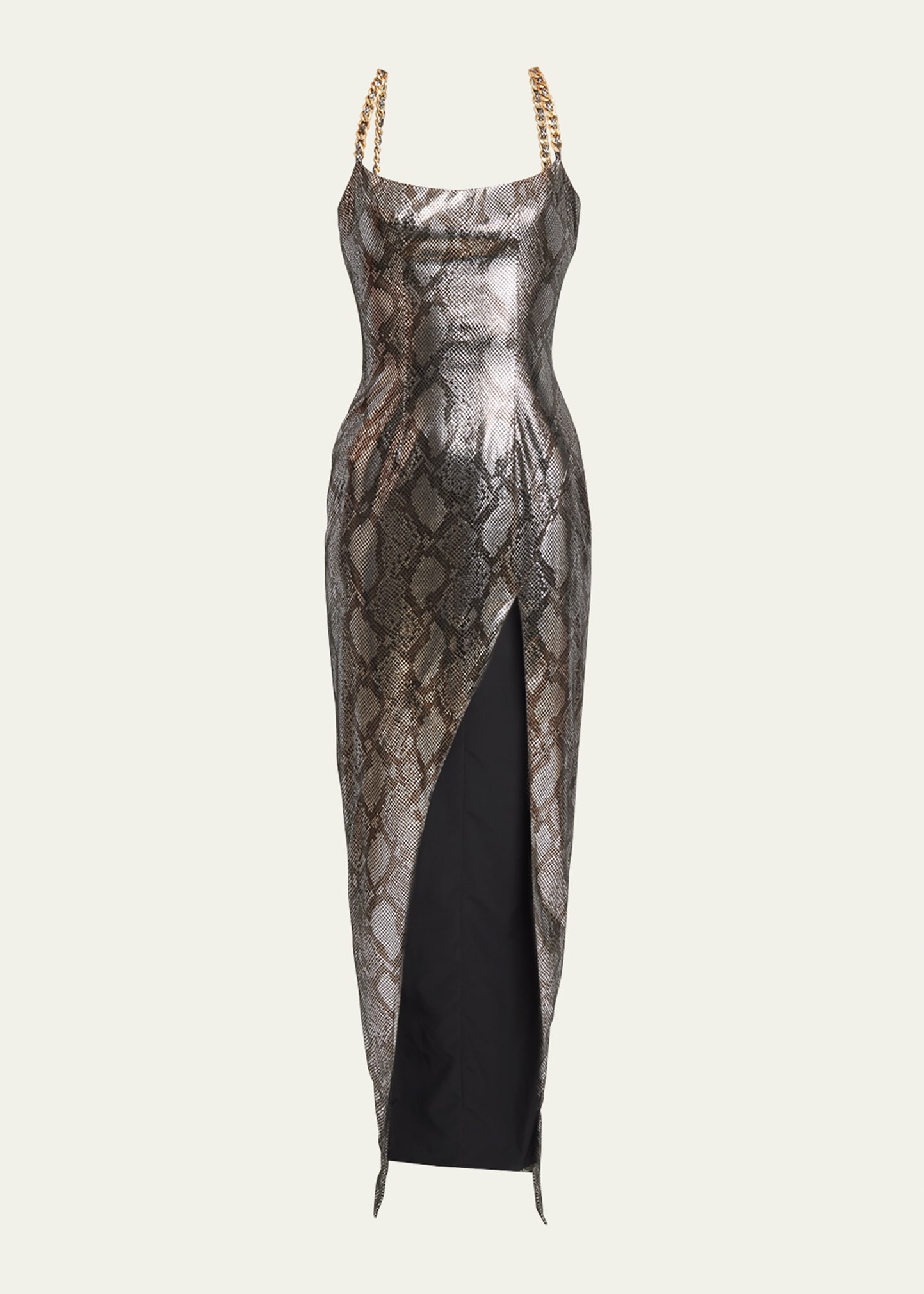 Balmain Shiny Python Gown With Chain Detail In Greyblack