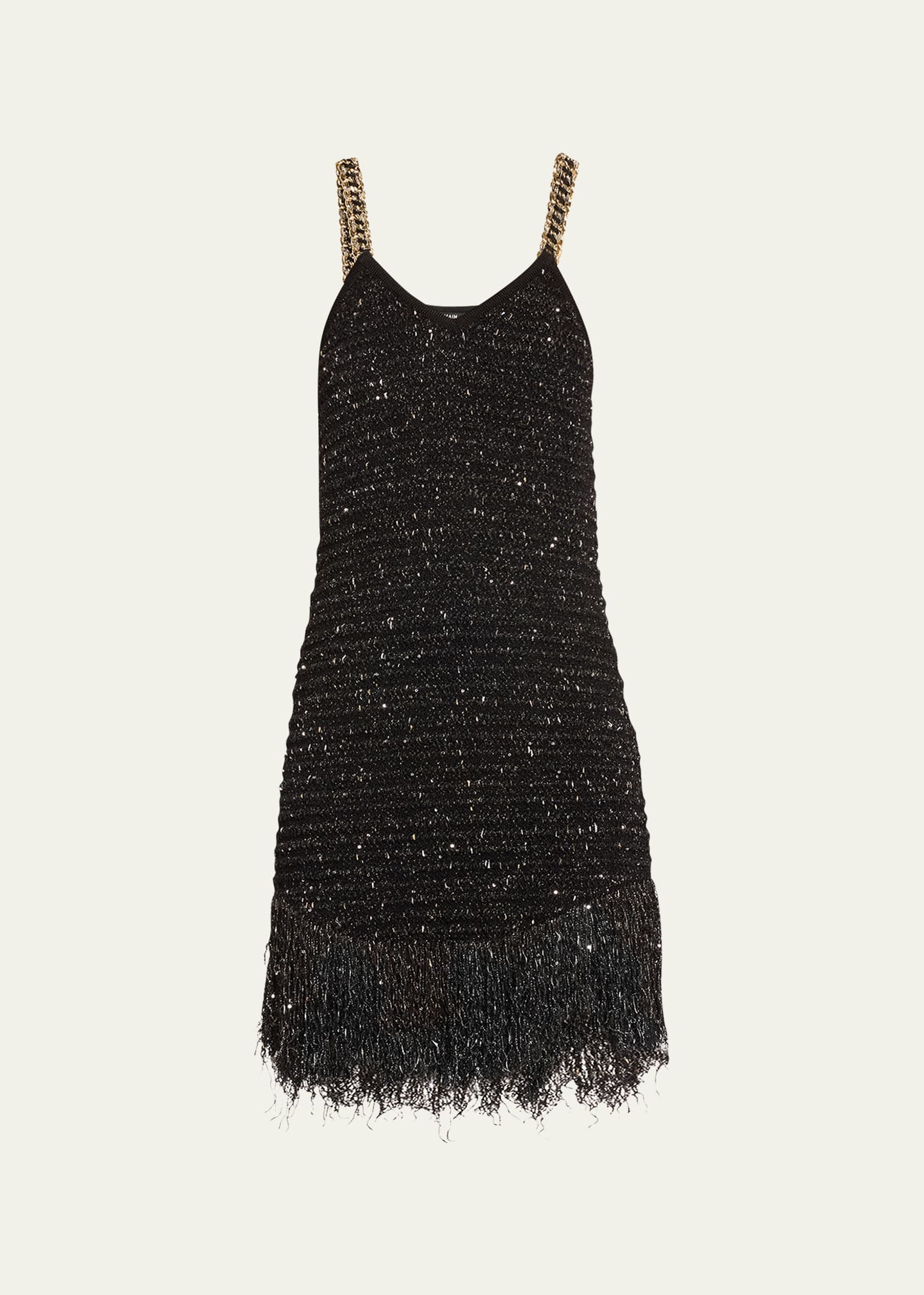 Fringed Hem Tweed Mini Dress with Chain Straps