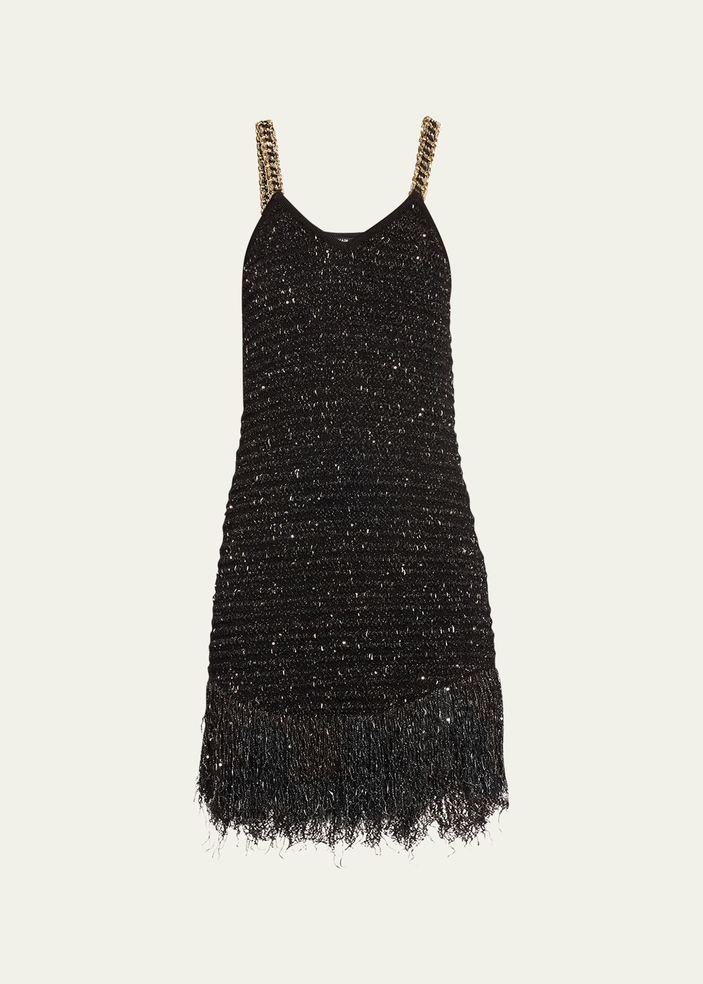 Shop Balmain Fringed Hem Tweed Mini Dress With Chain Straps In Blackgold