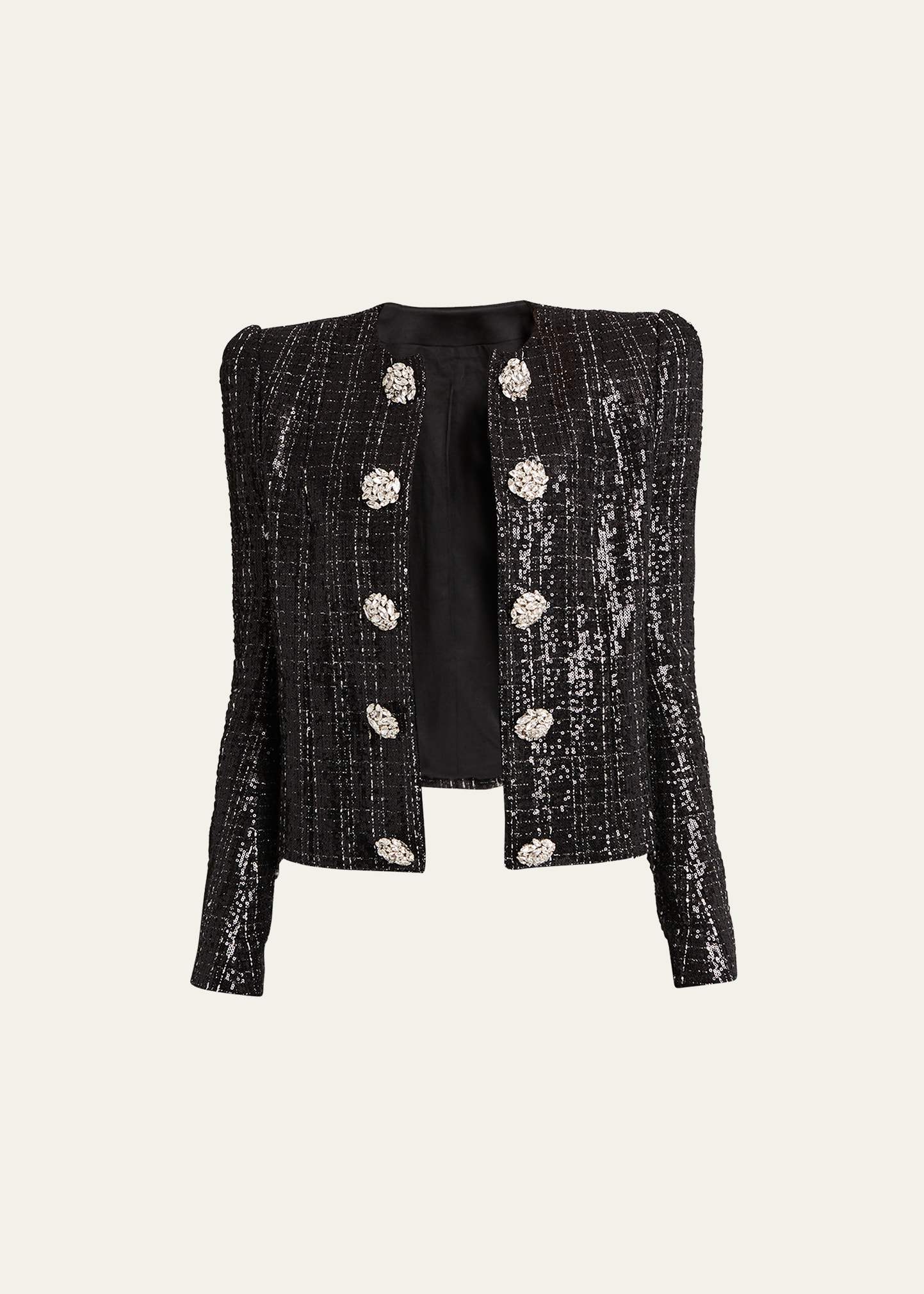 Balmain Collarless Sequined Tweed Jacket with Jewel Buttons