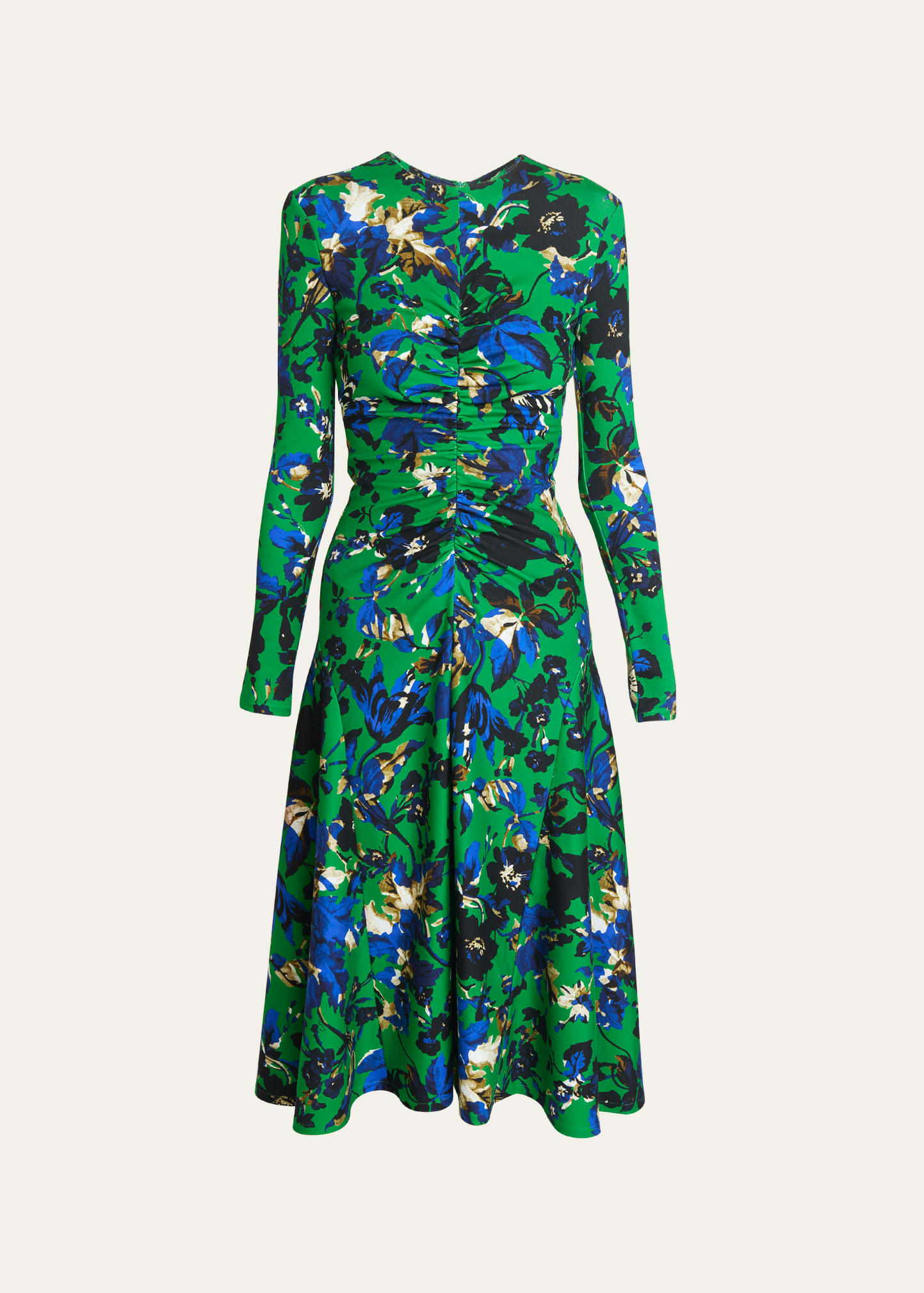 Floral-Print Long-Sleeve Gathered Midi Dress