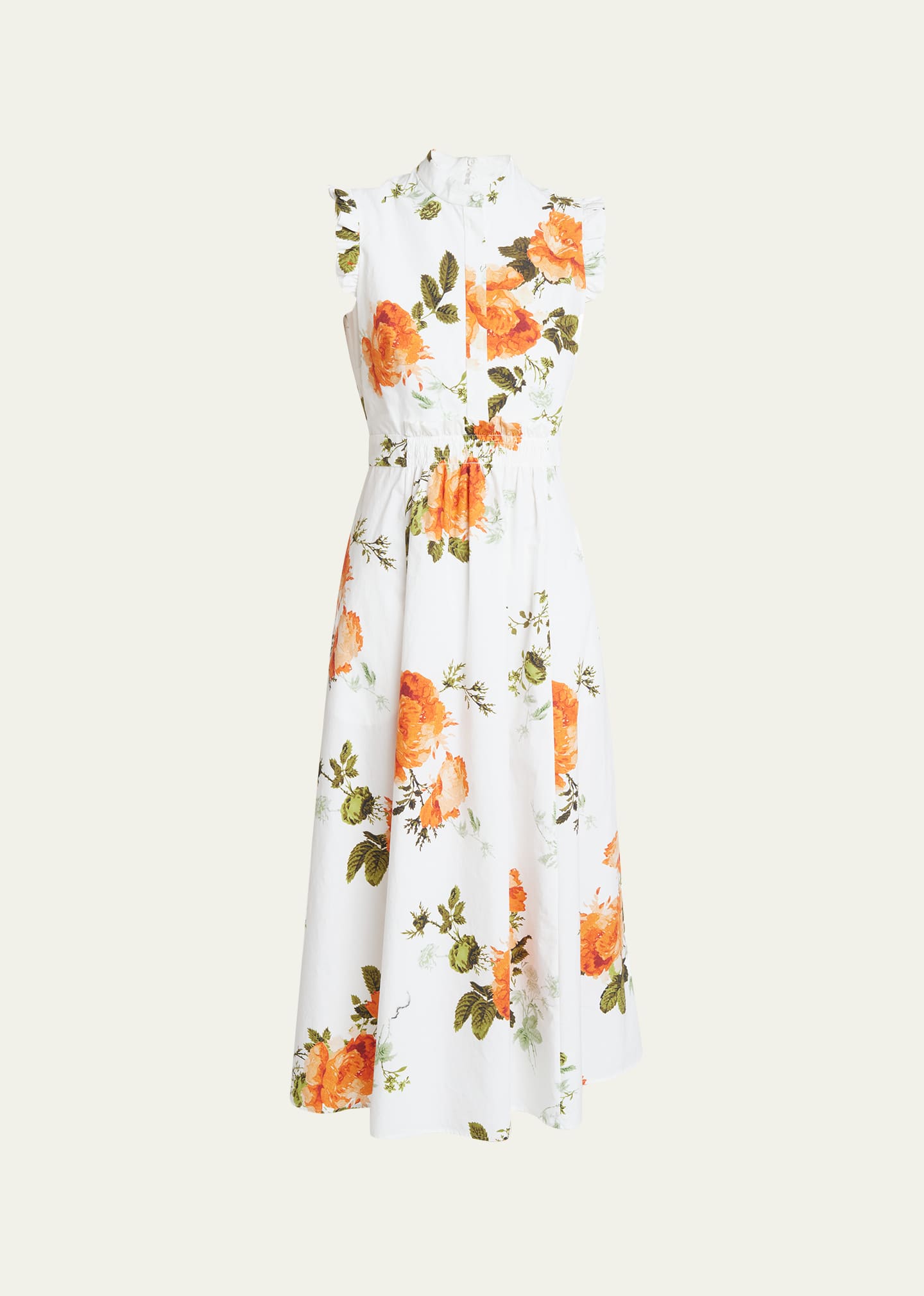 Floral-Print Ruffle Sleeveless Midi Shirtdress