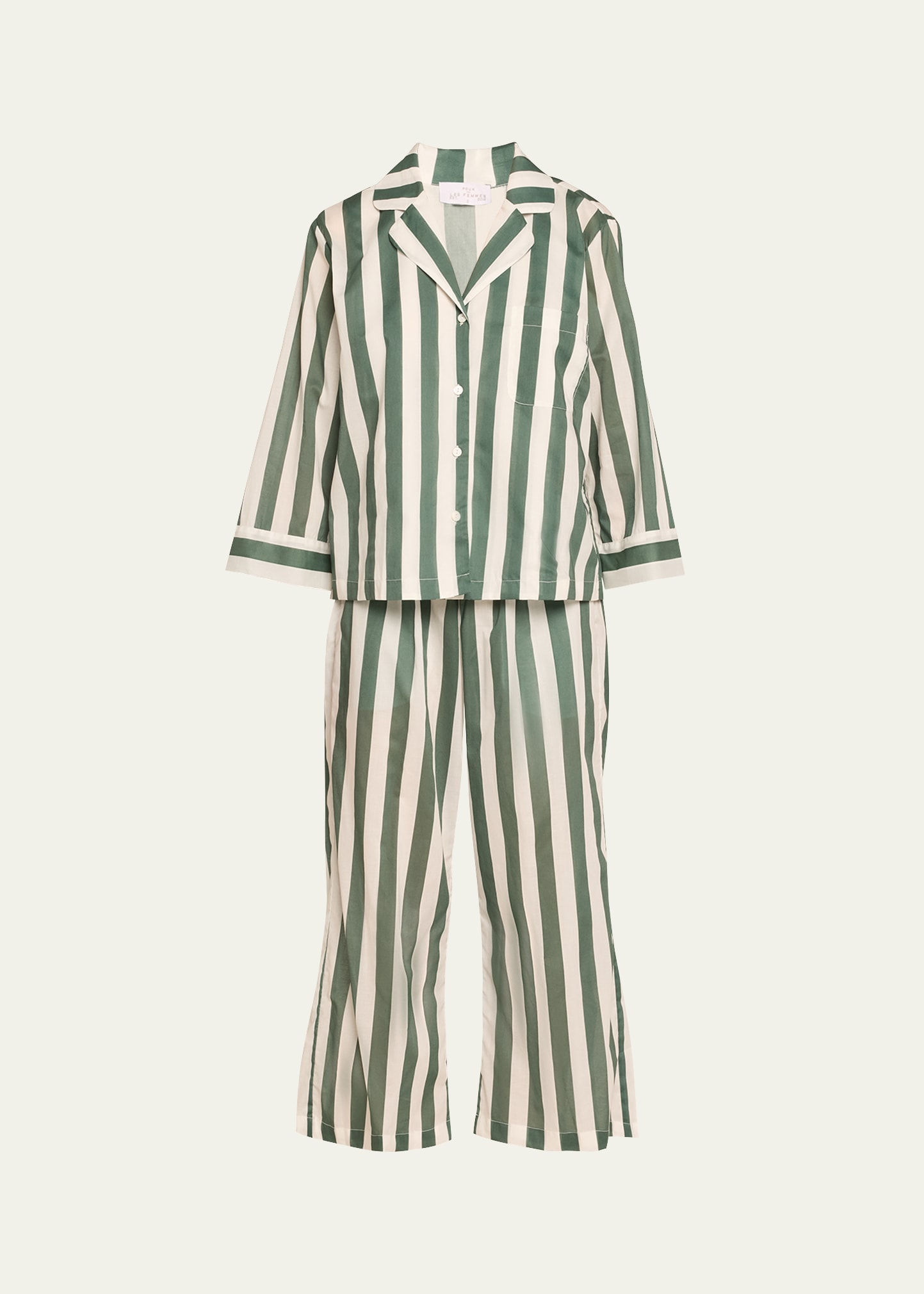 Pour Les Femmes Sato Cropped Striped Cotton Pajama Set In Evergreen Stripe