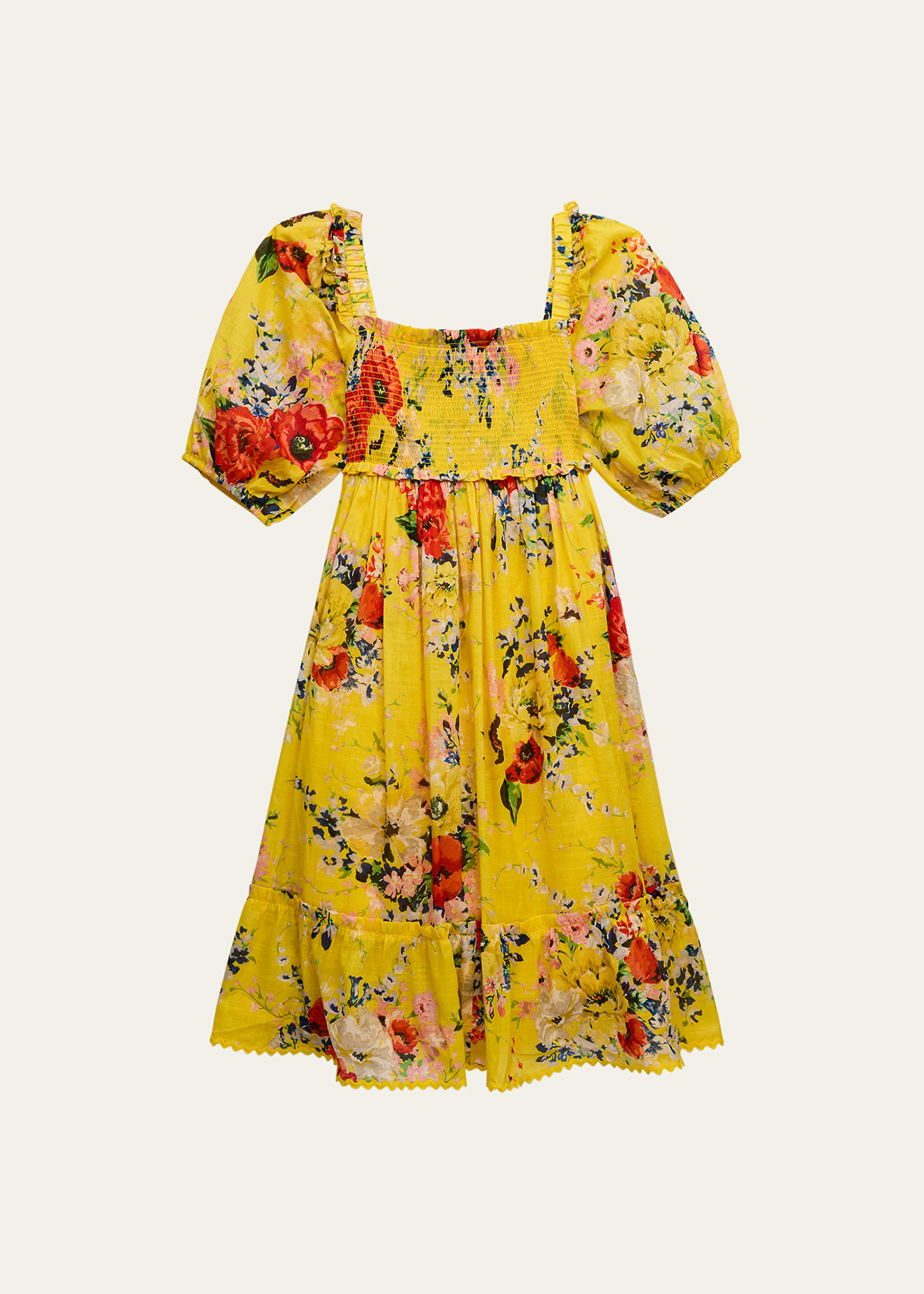 Shop Zimmermann Girl's Alight Floral Puff-sleeve Dress In Yellow Floral