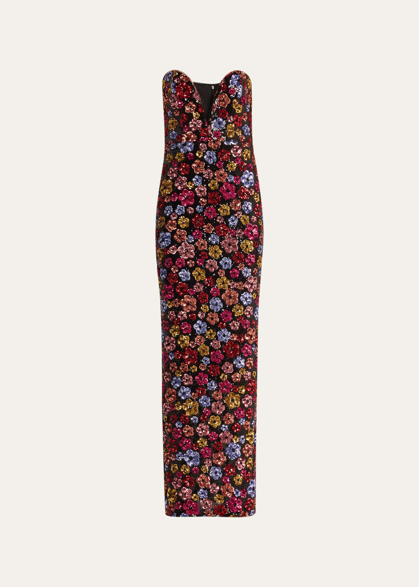 Marchesa Notte Strapless Plunging Floral Sequin Column Gown In Multi