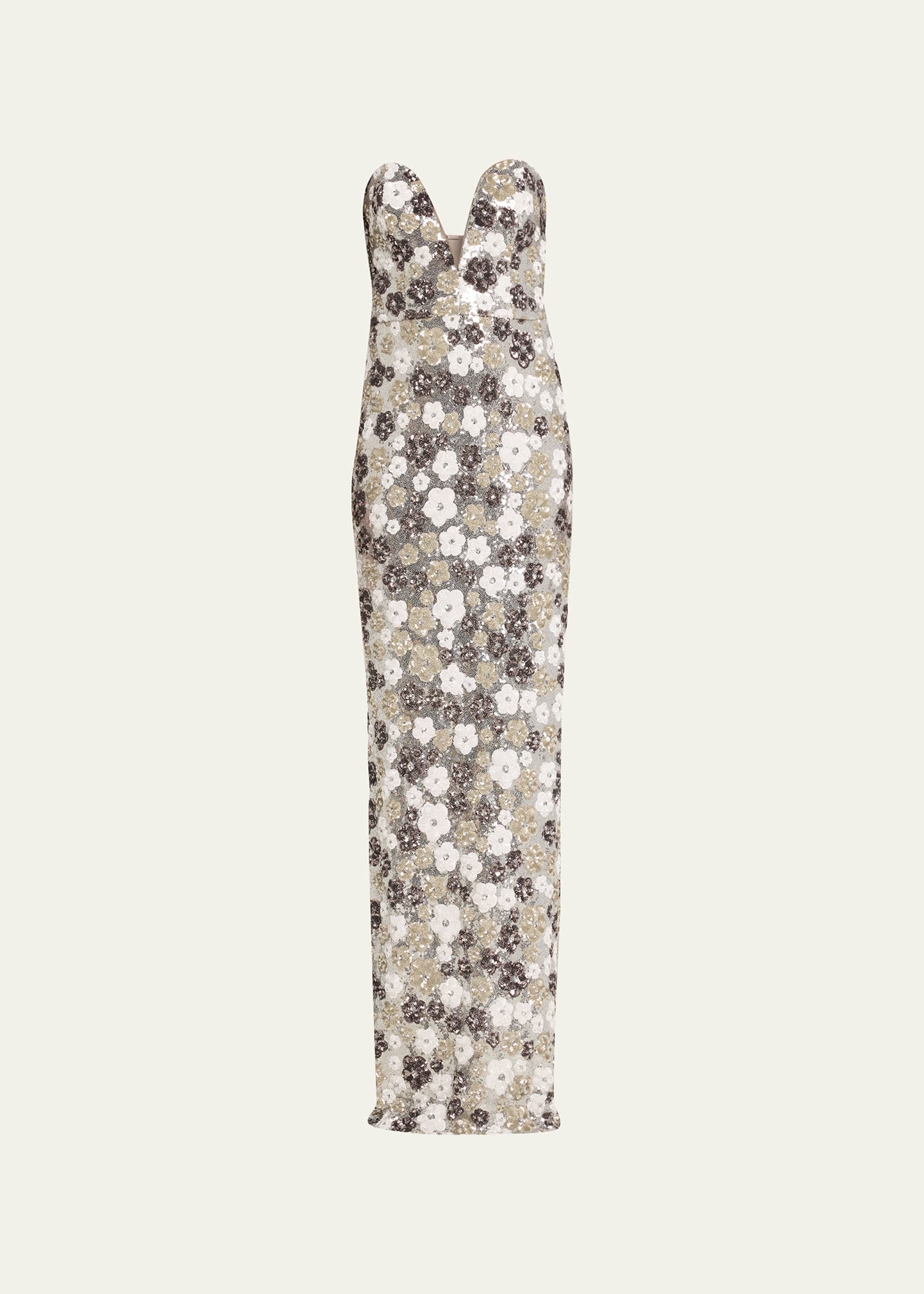 Marchesa Notte Strapless Plunging Floral Sequin Column Gown In Silver