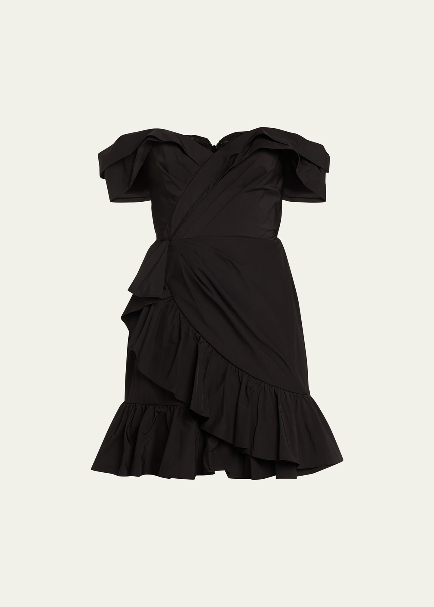Marchesa Notte Off-shoulder Ruffle Taffeta Mini Dress In Black