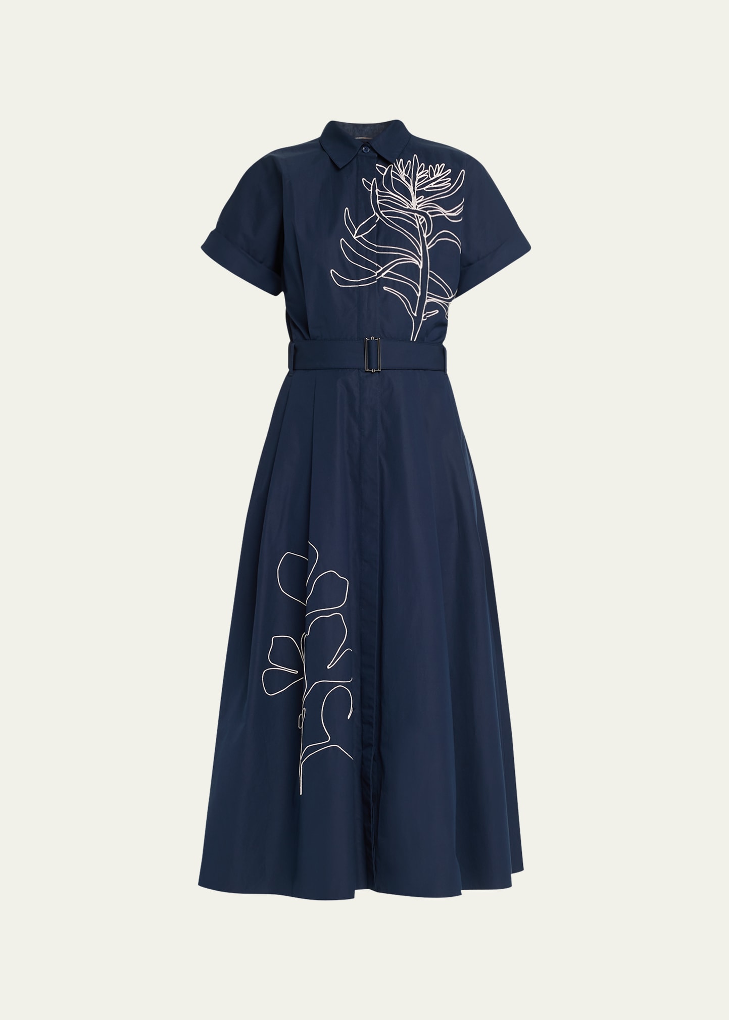 Shop Lafayette 148 Floral-embroidered Cotton Midi Shirtdress In Midnight Blue