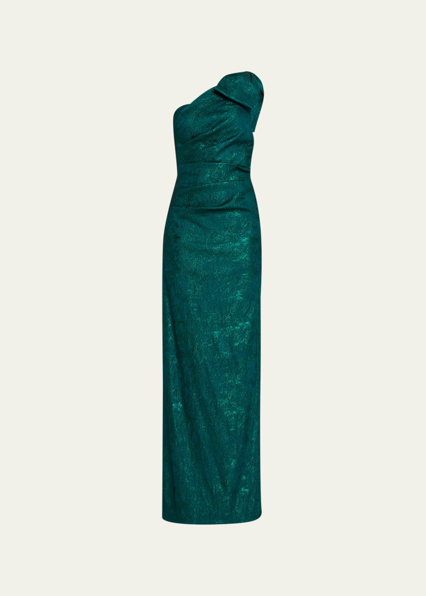 Shop Rickie Freeman For Teri Jon Pleated One-shoulder Jacquard Column Gown In Emerald