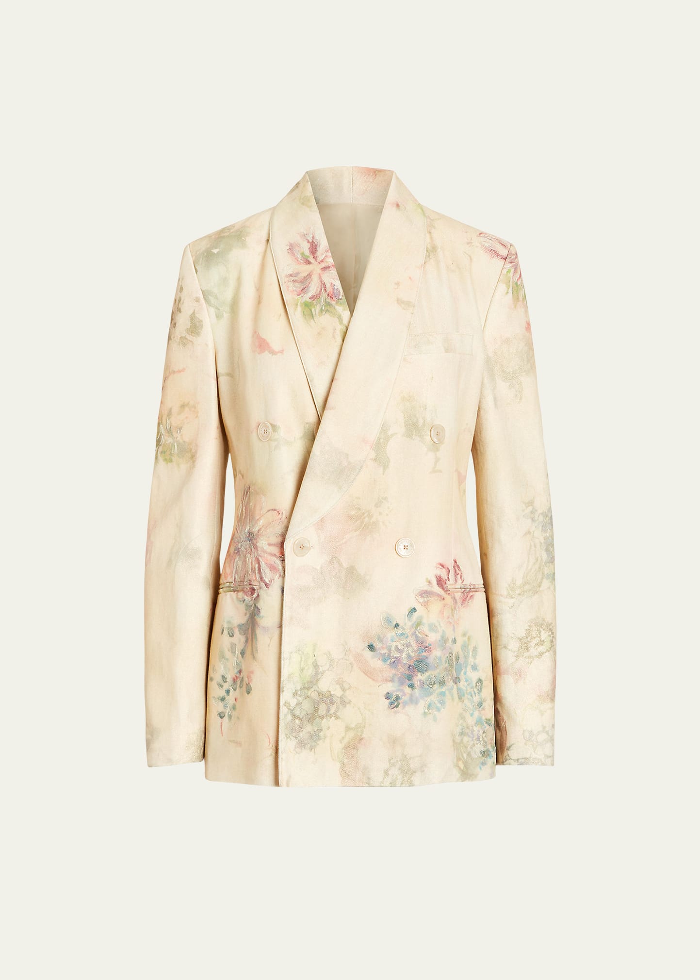Nelson Faded Floral-Print Double-Breasted Denim Blazer Jacket