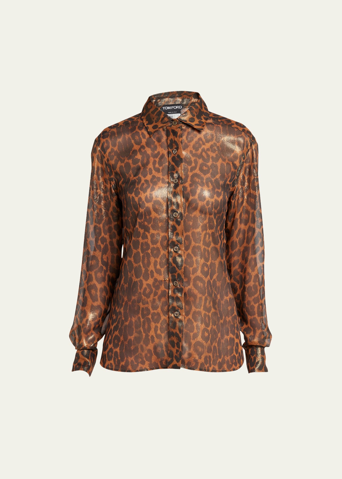 Tom Ford Laminated Leopard Print Button-front Blouse In Camel