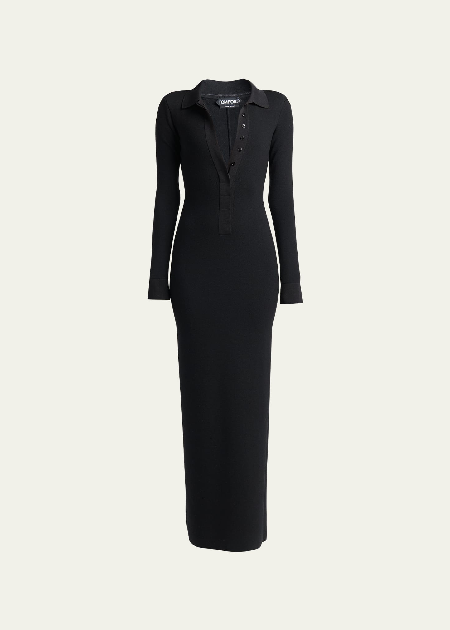 Tom Ford Collared Button Down Wool Maxi Dress In Black