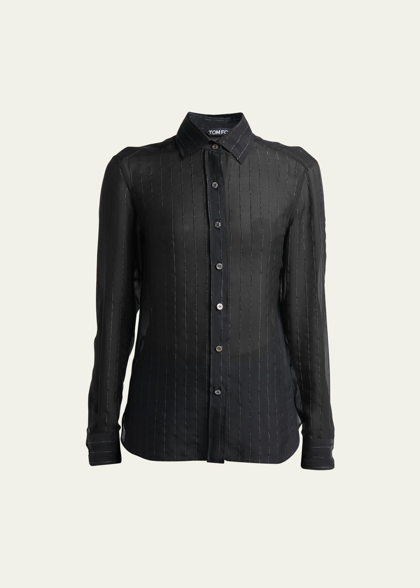 Tom Ford Metallic Pinstripe Sheer Button Up Blouse In Black
