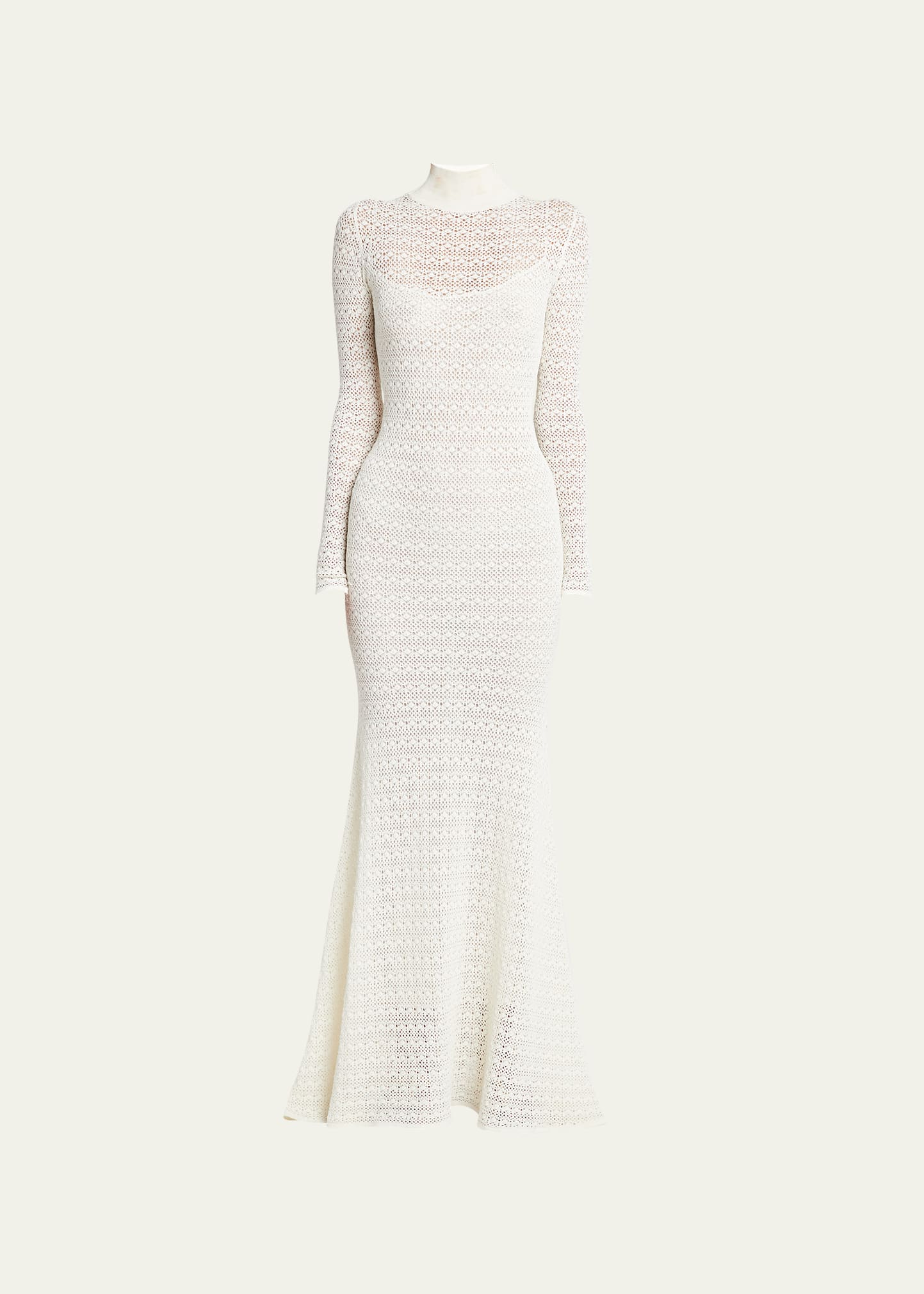 Shop Tom Ford Long Open Stitch Knit Mock-neck Trumpet Dress In Off White