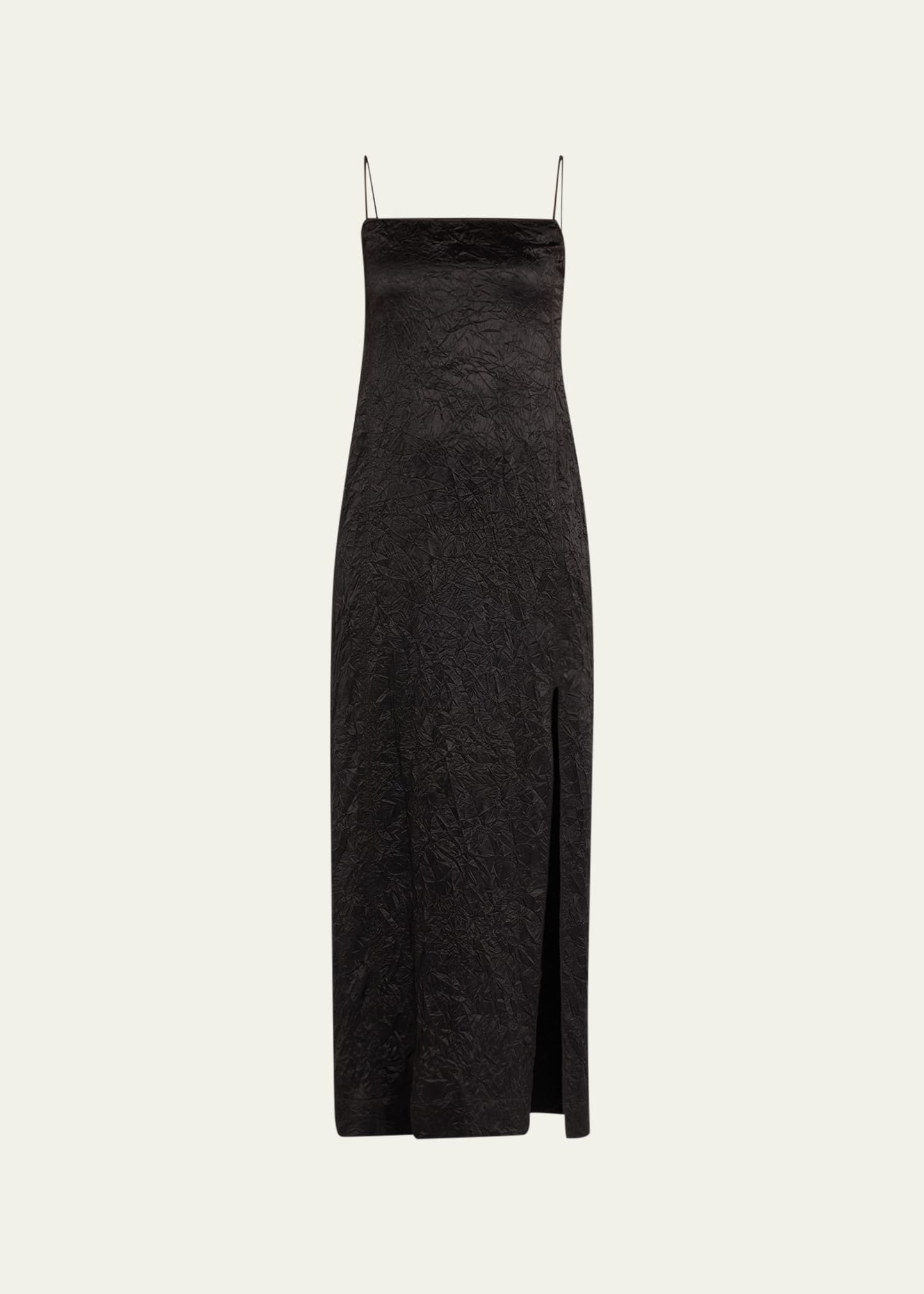 Shop Ganni Crinkled Satin Midi Slip Dress In Black