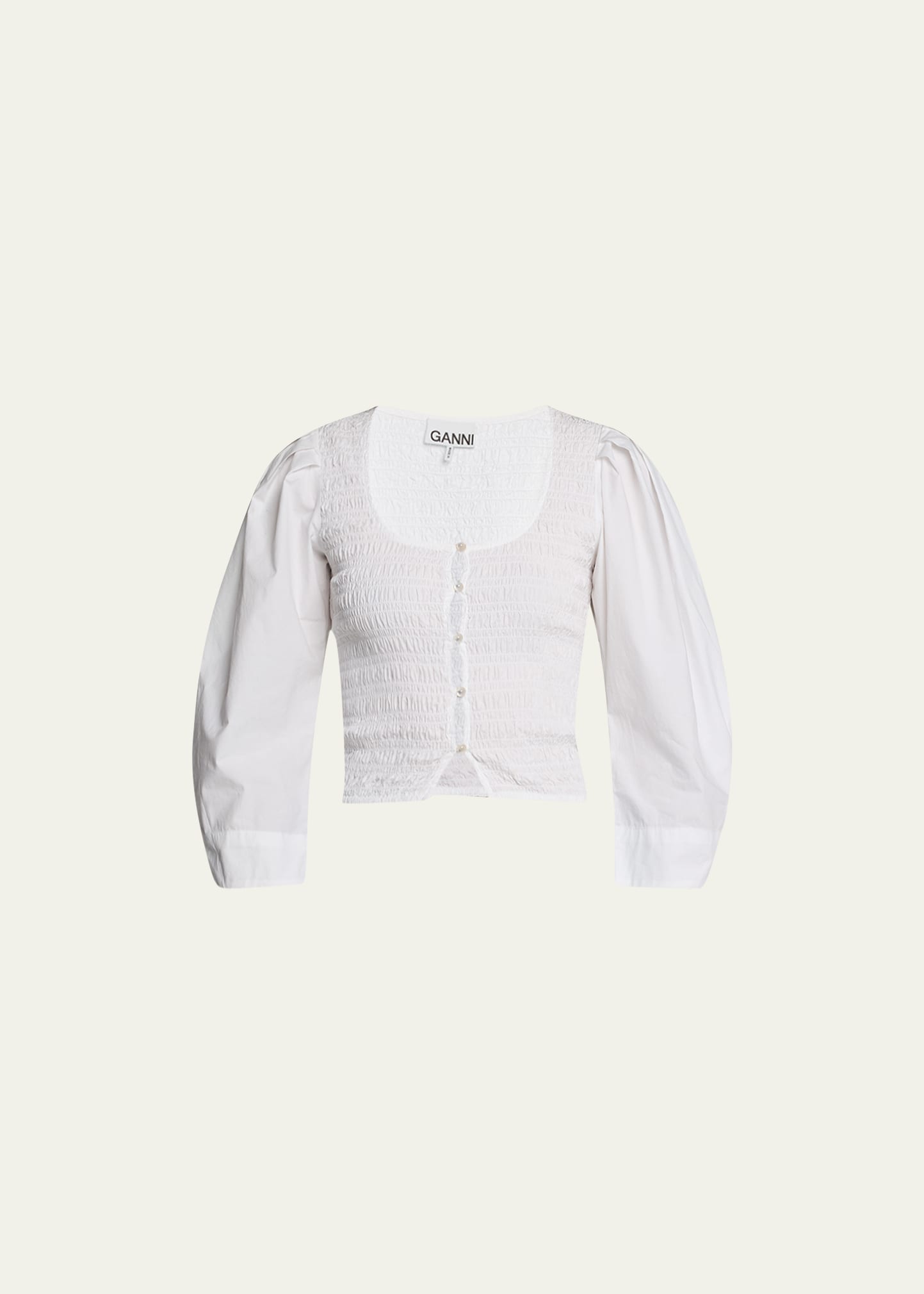 Ganni Smocked Cotton-poplin Cropped Blouse In Bright White
