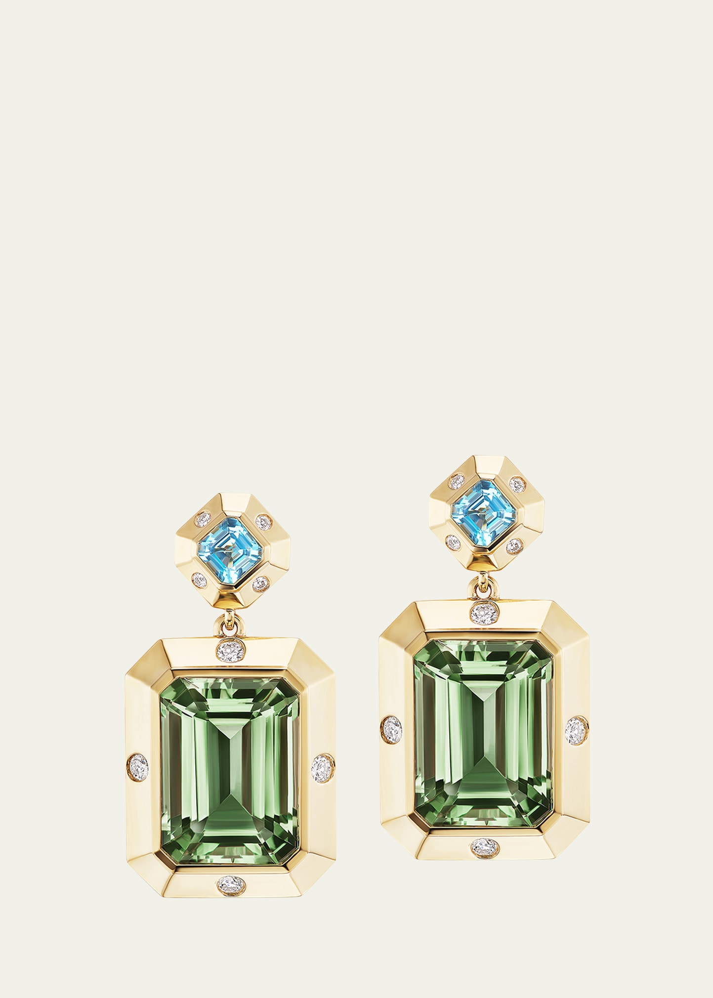18K Yellow Gold Stella Blue Topaz, Green Amethyst, and Diamond Drop Earrings