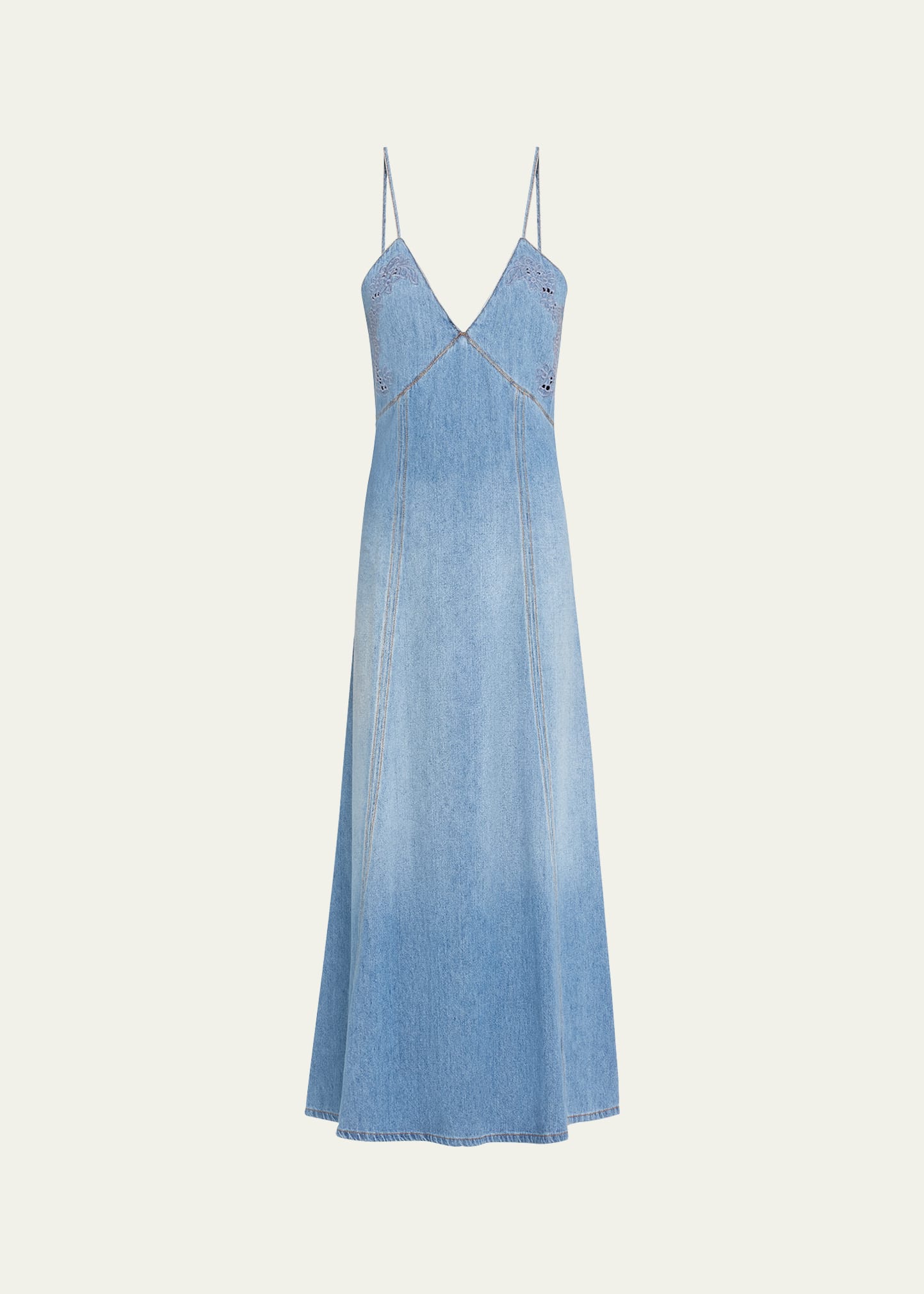 Shop Chloé Denim Maxi Dress With Eyelet Embroidery In Foggy Blue