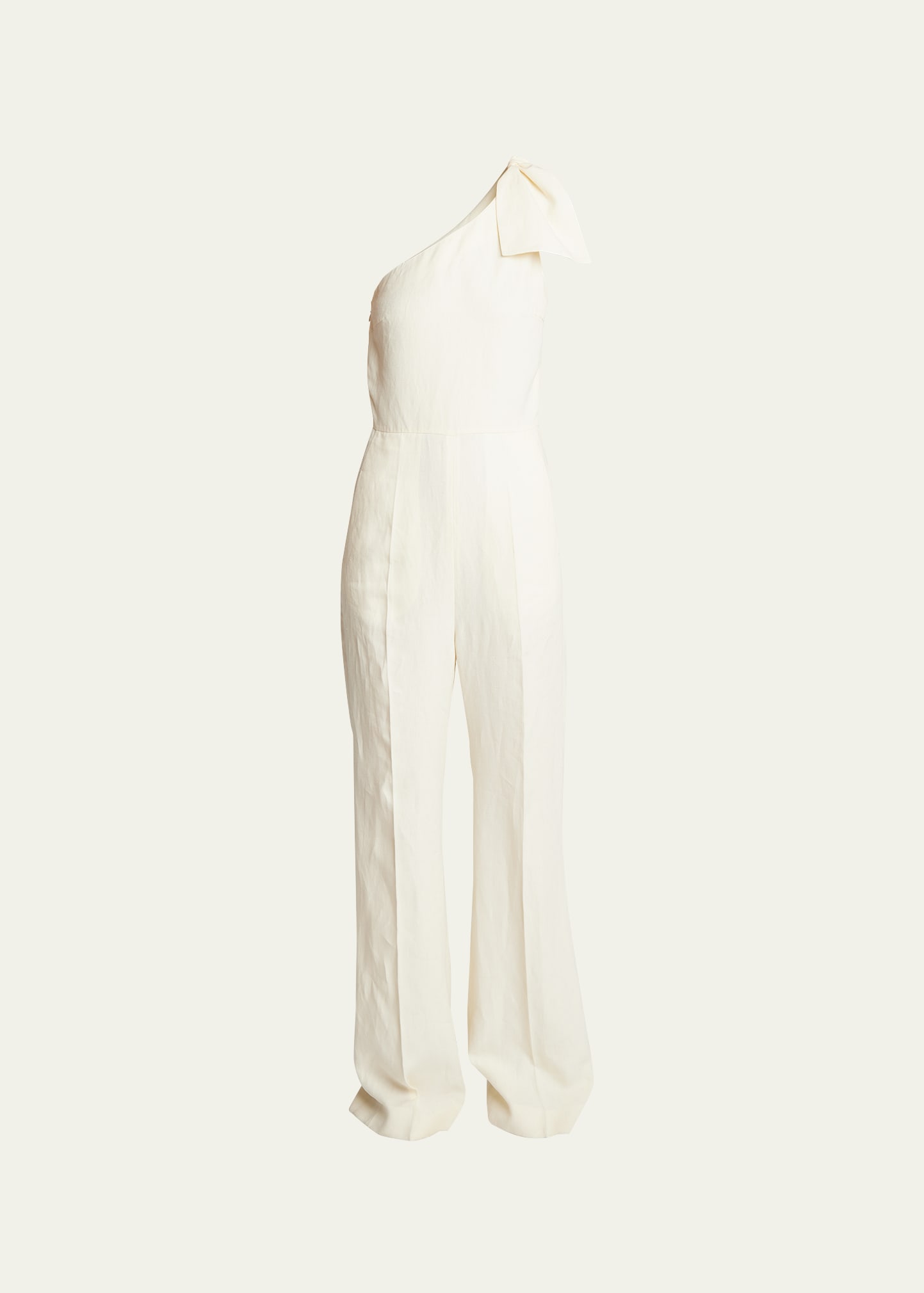 Linen Canvas One-Shoulder Jumpsuit with Bow Detail