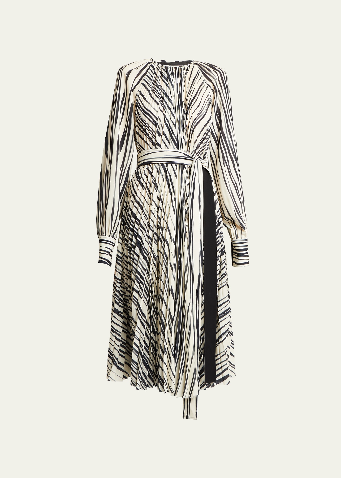 Shop Proenza Schouler Carol Stripe Pleated Belted Midi Dress In Ecru Multi