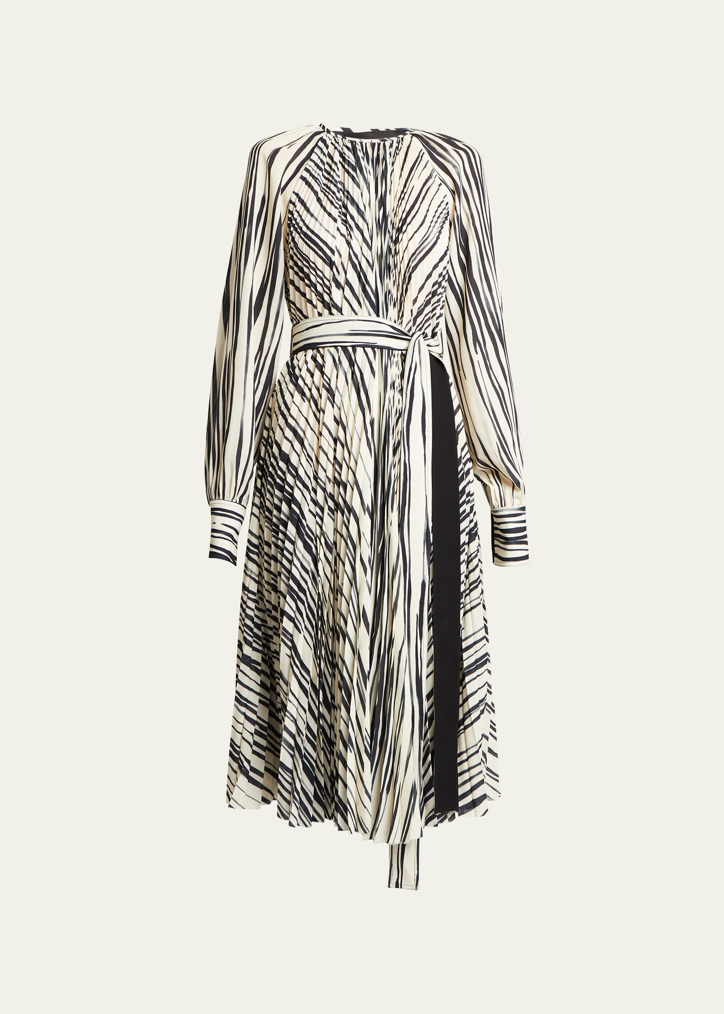 Proenza Schouler Carol Stripe Pleated Belted Midi Dress In Ecru Multi