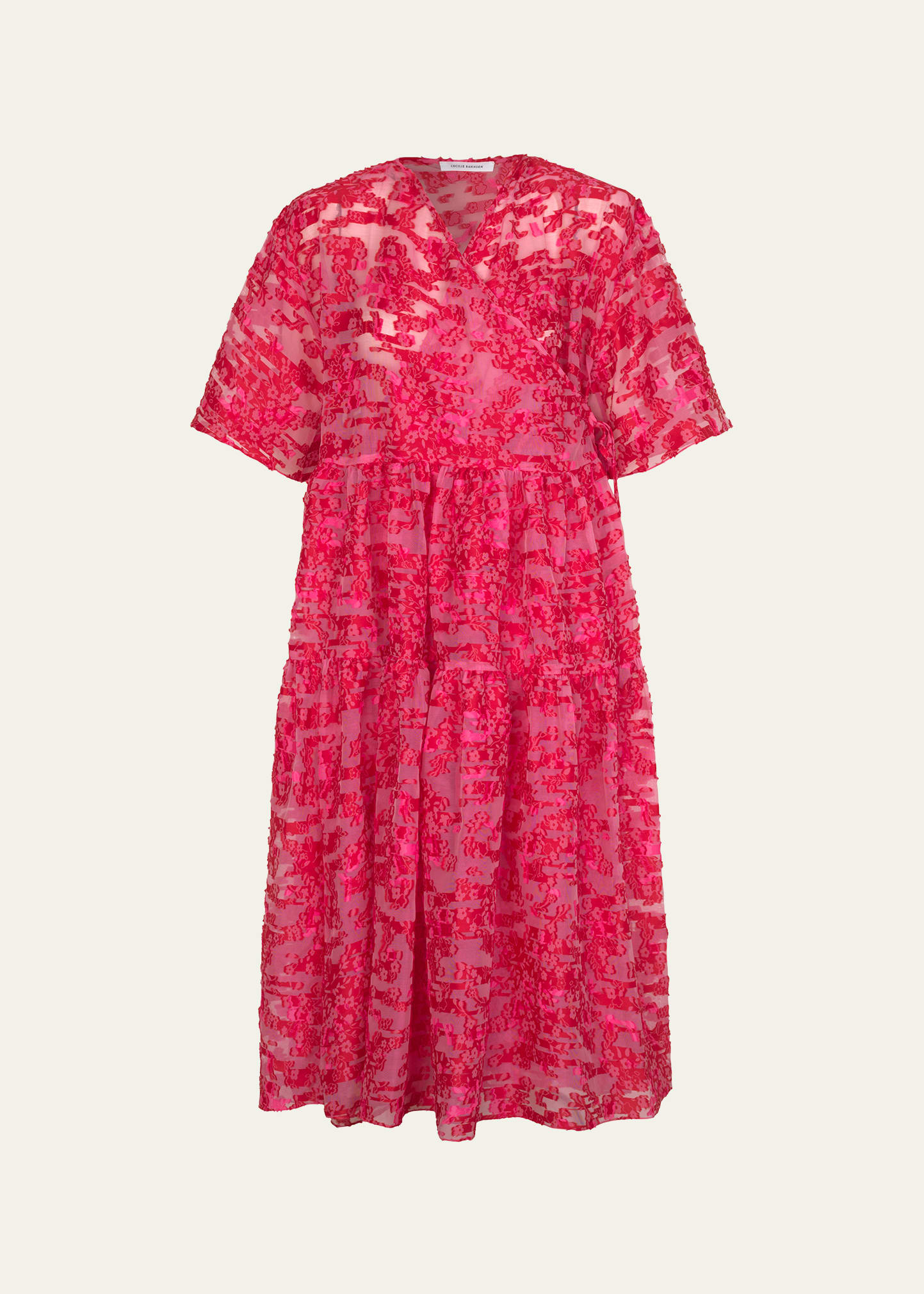 Shop Cecilie Bahnsen Patricia Yarrow Fil Coupe Midi Wrap Dress In Magenta / Red