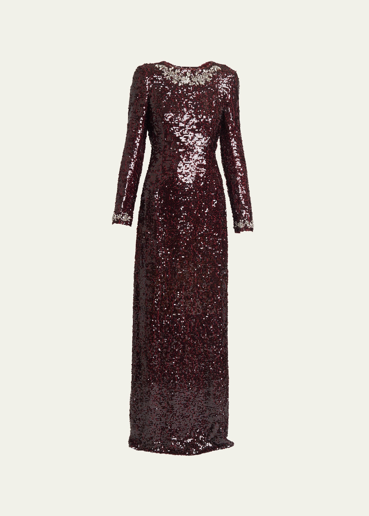ERDEM SEQUINED LONG-SLEEVE SLIM FIT GOWN WITH RIBBON BACK