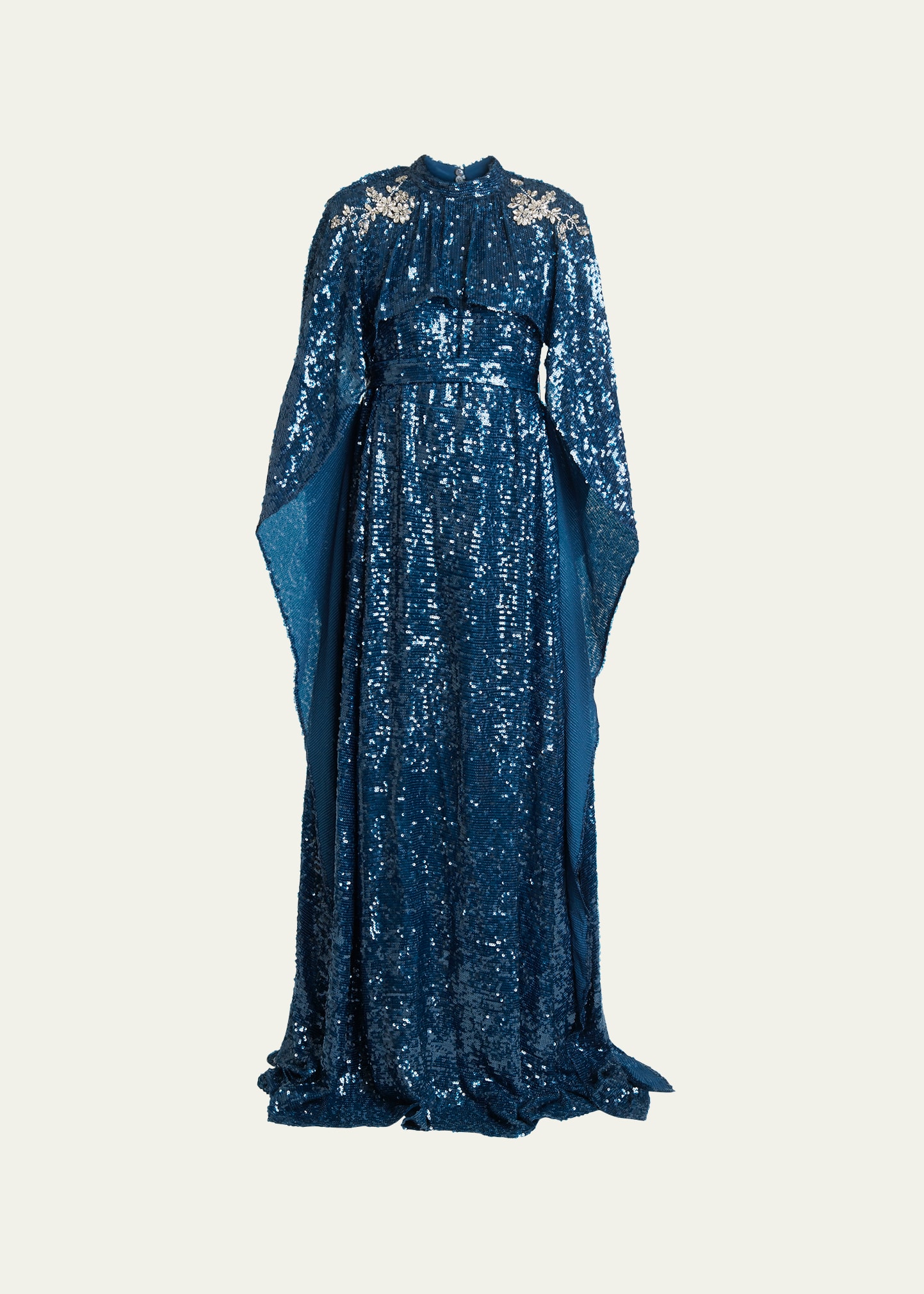 Sequined Belted Cape-Effect Gown
