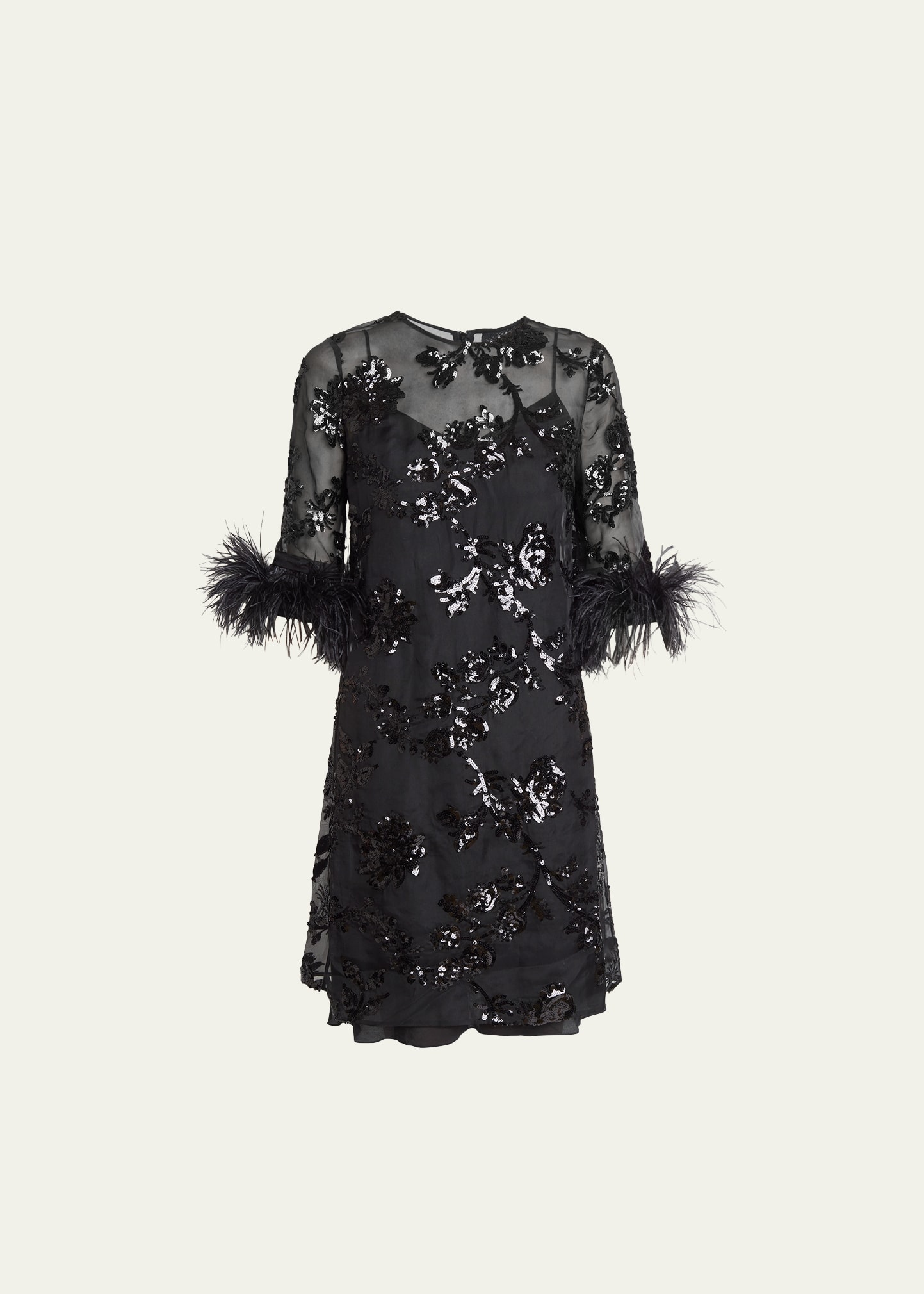 Shop Erdem Feathered Floral Sequined Short Dress In Black Black