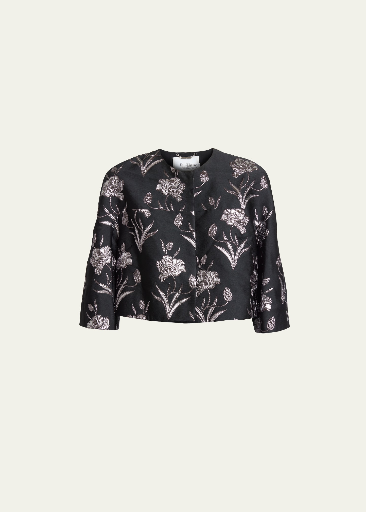 Shop Erdem Floral Jacquard Boxy Cropped Jacket In Black Silver