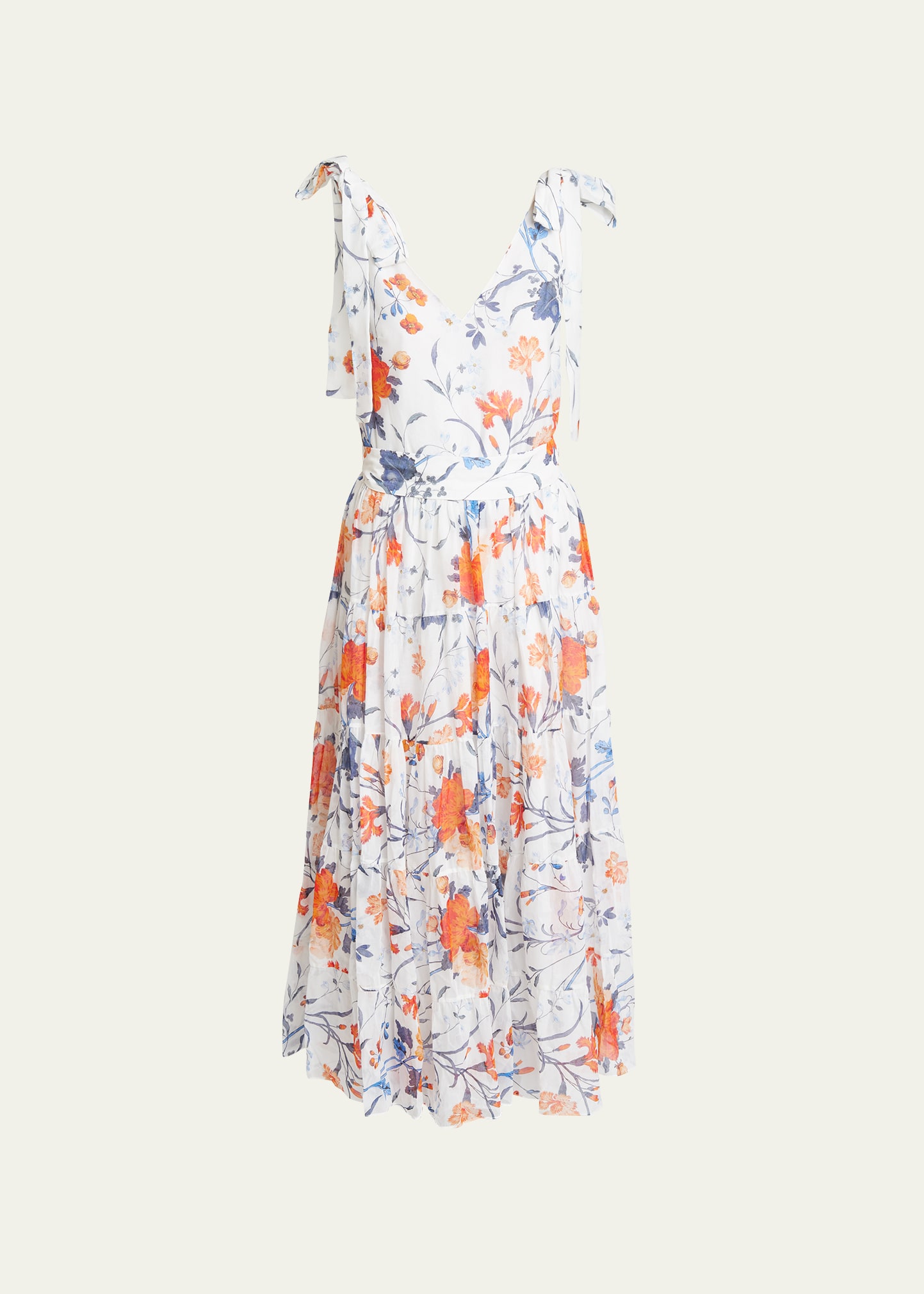 Floral-Print Tiered Belted Midi Dress with Self-Tie Shoulders
