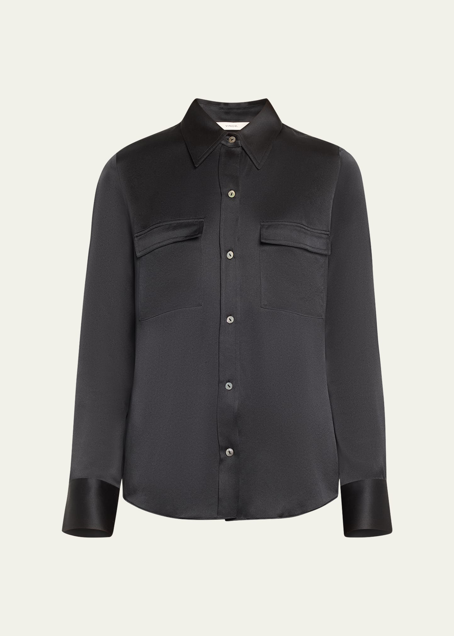 Vince Silk Chest Pocket Long-sleeve Blouse In Black