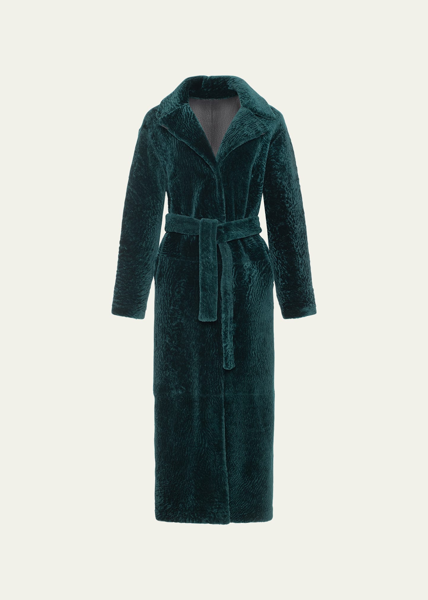 Gorski Reversible Lamb Shearling Overcoat With Tie Belt In Emerald/black