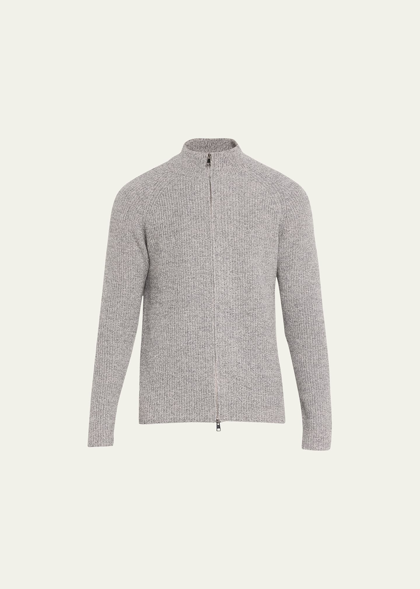 Bergdorf Goodman Men's Wool-cashmere Mouline Full-zip Sweater In Light Grey 5006