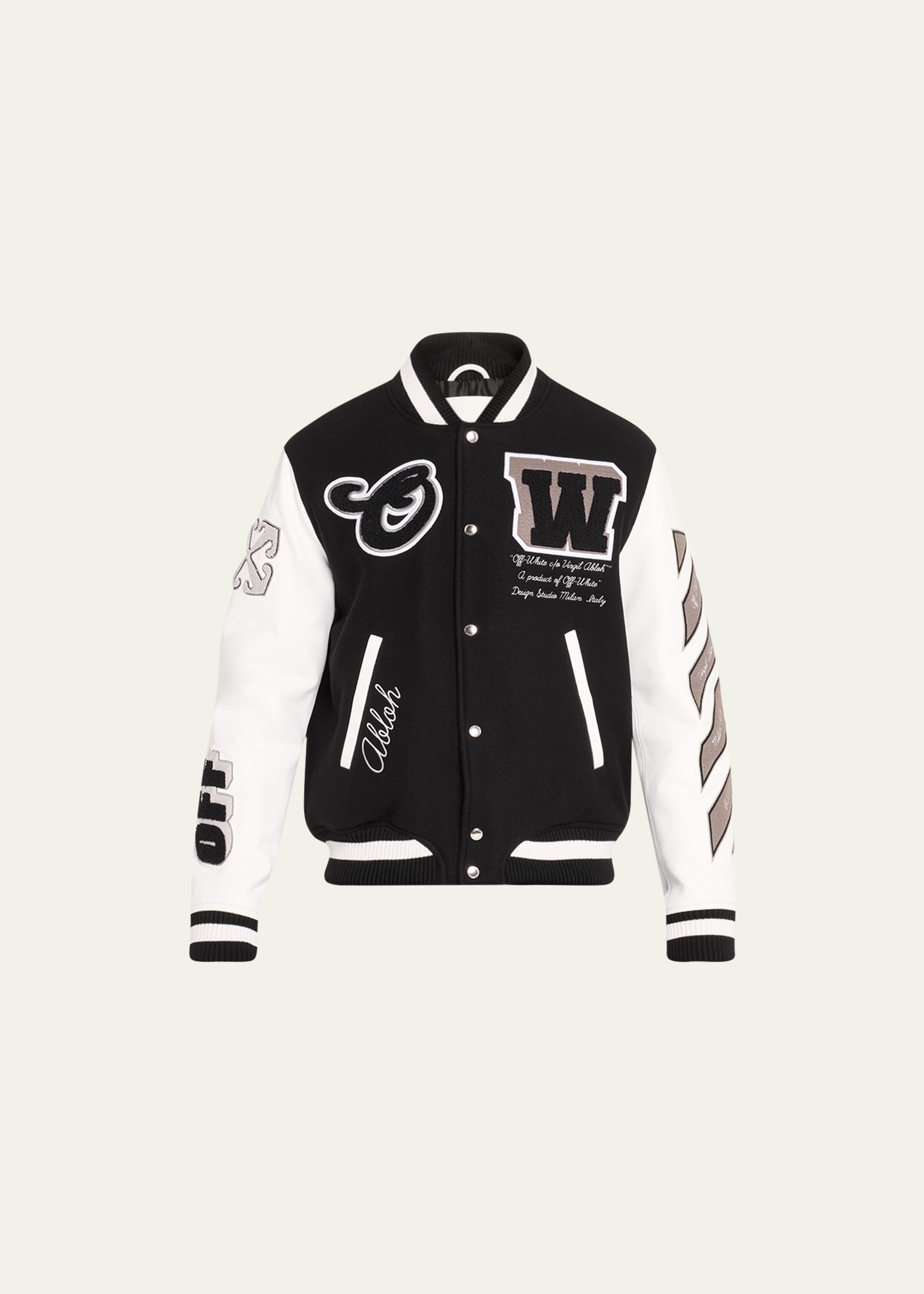 Shop Off-white Men's Leather-sleeve Varsity Jacket In Black