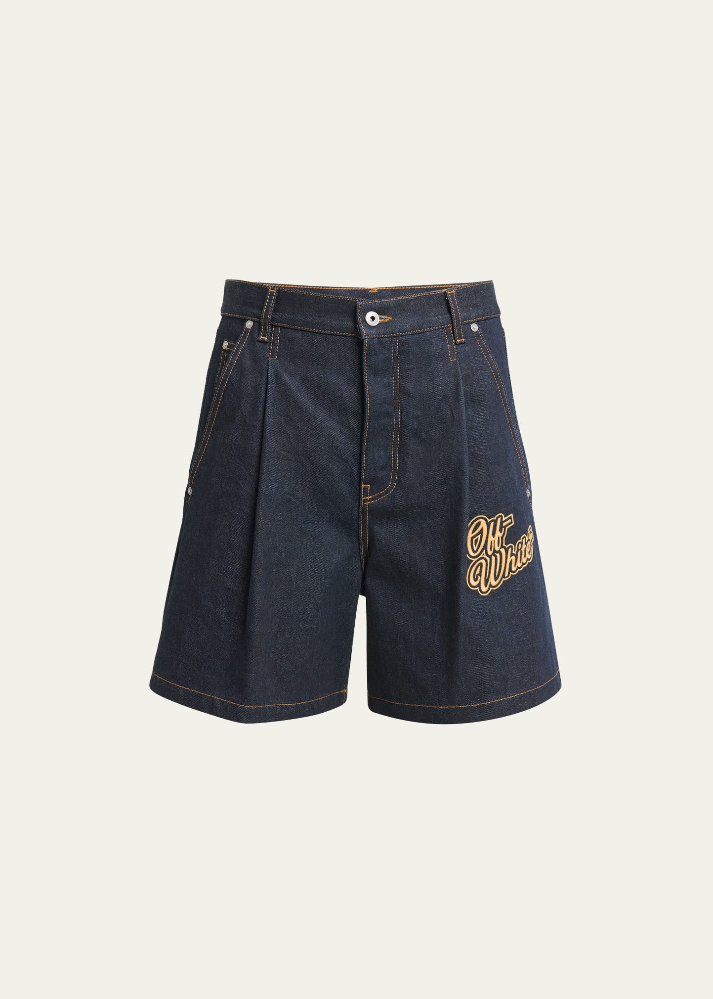 Shop Off-white Men's Pleated 90s Logo Raw Denim Shorts In Raw Blue