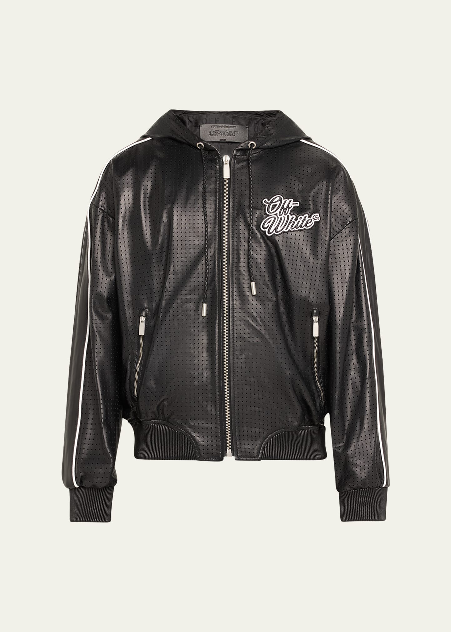 Shop Off-white Men's 90s Leather Mesh Logo Zip Jacket In Black