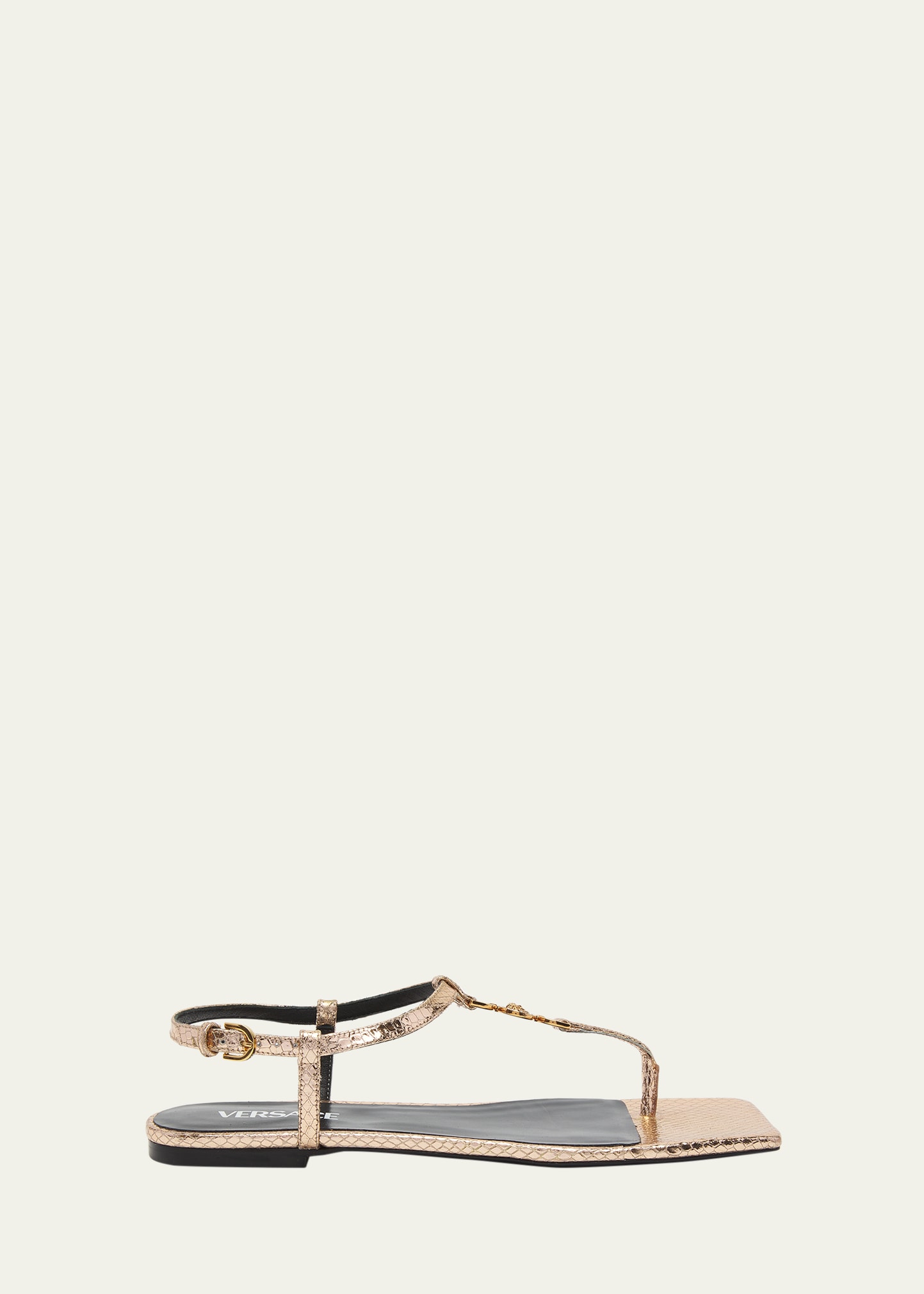 Versace Medusa Metallic T-strap Flat Sandals In 1y84v-champagne-v