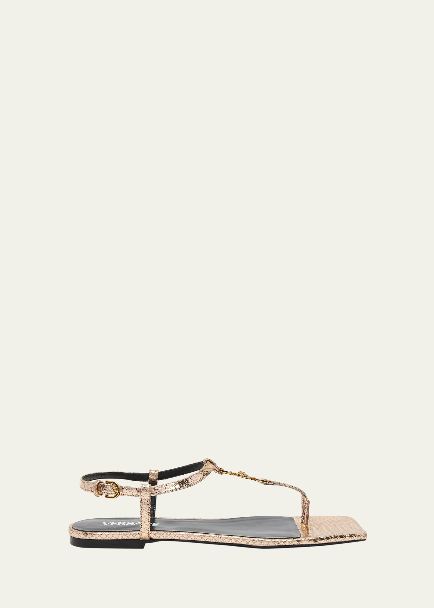 Medusa Metallic T-Strap Flat Sandals