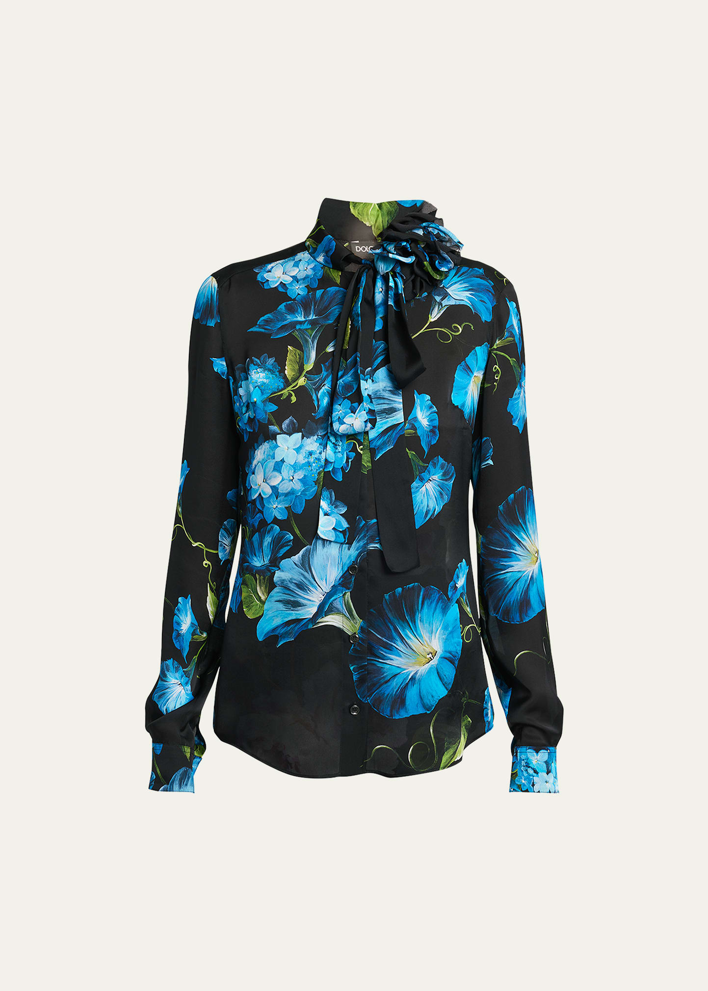 Shop Dolce & Gabbana Satin Bluebell Print Blouse With Tie Neck In Black Prt
