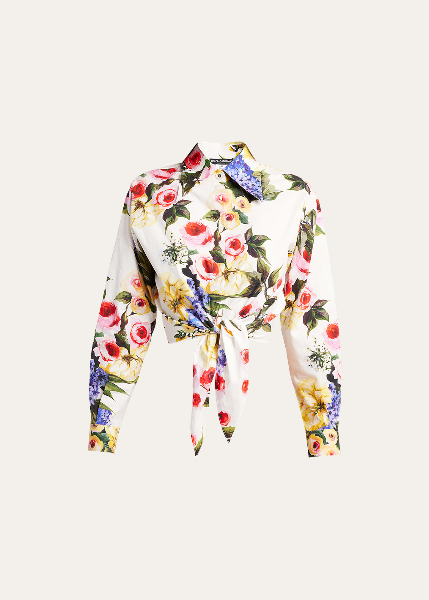Dolce & Gabbana Floral Print Cropped Poplin Shirt With Front Tie In White Prt