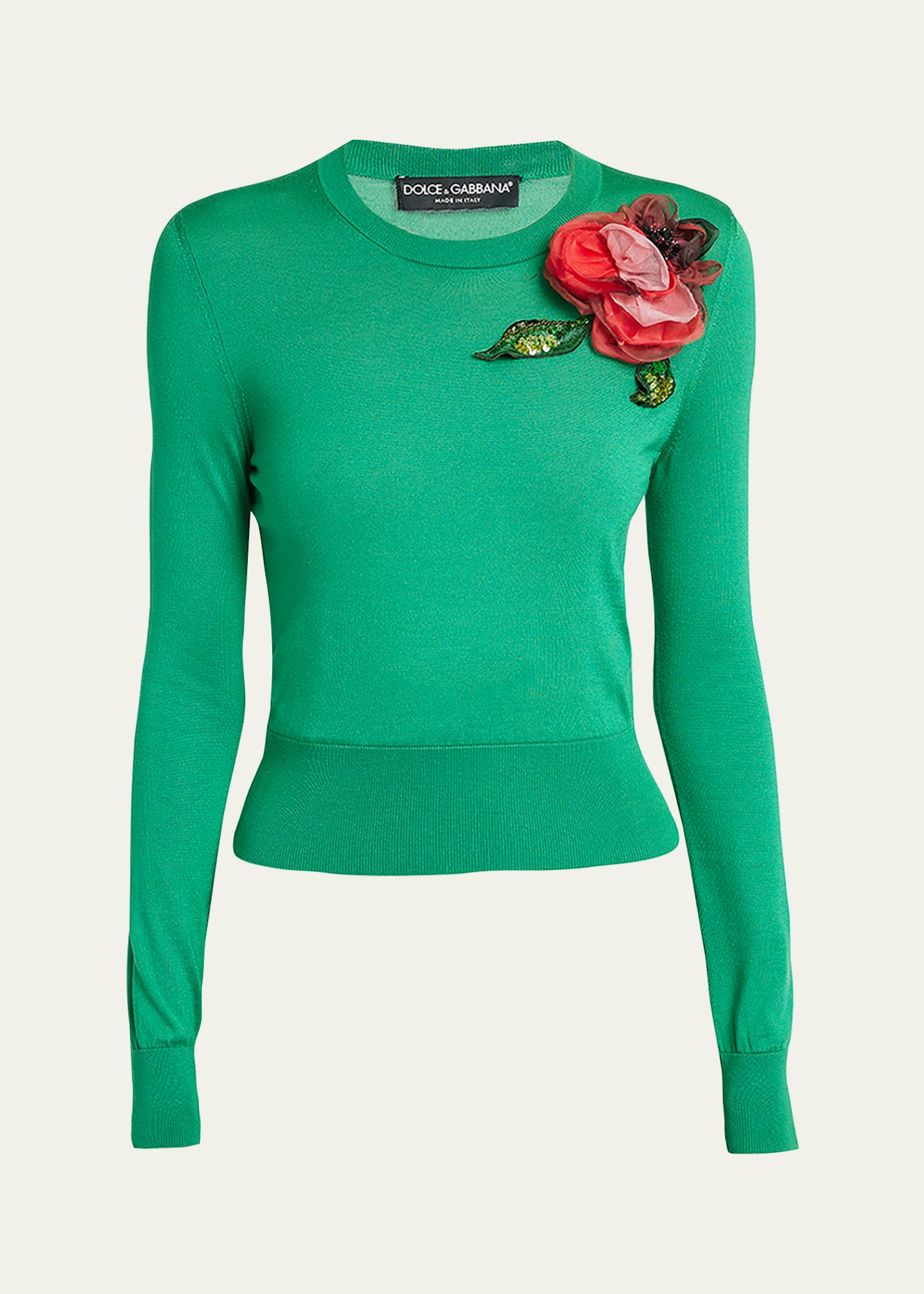 Shop Dolce & Gabbana Silk Knit Sweater With Floral Applique Detail In Green