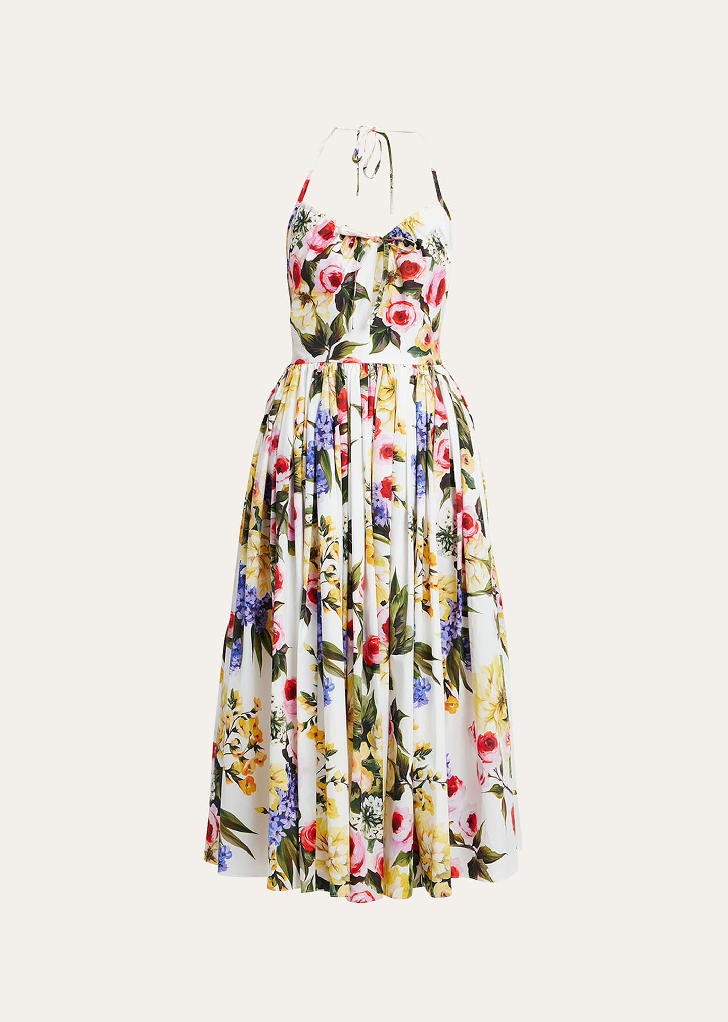 Dolce & Gabbana Gathered Floral-print Cotton-poplin Halterneck Midi Dress In Whiteprint