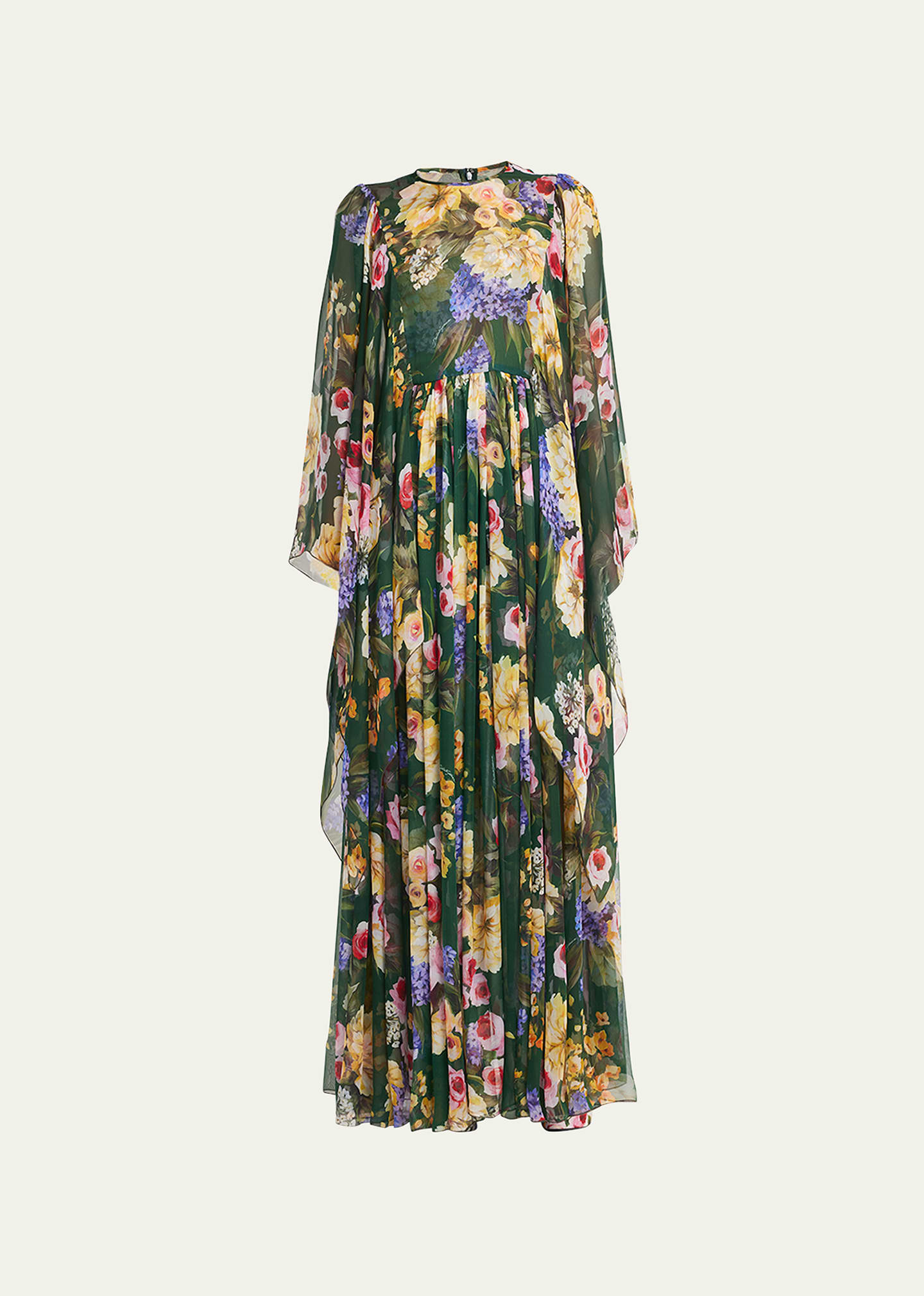 Shop Dolce & Gabbana Floral Print Chiffon Gown With Cape Sleeves In Dkgreenprt