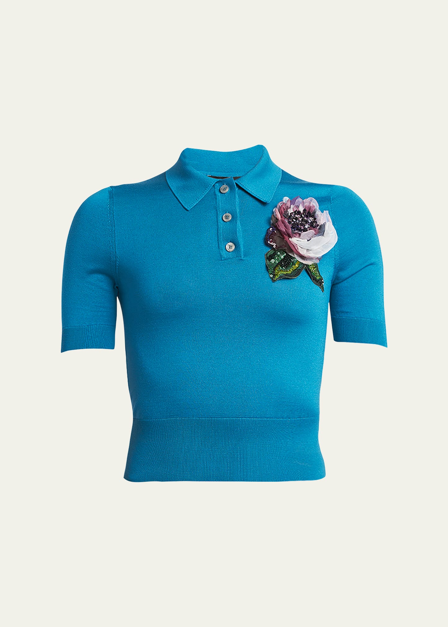 Dolce & Gabbana Silk Henley Top With Floral Applique Detail In Petroleu